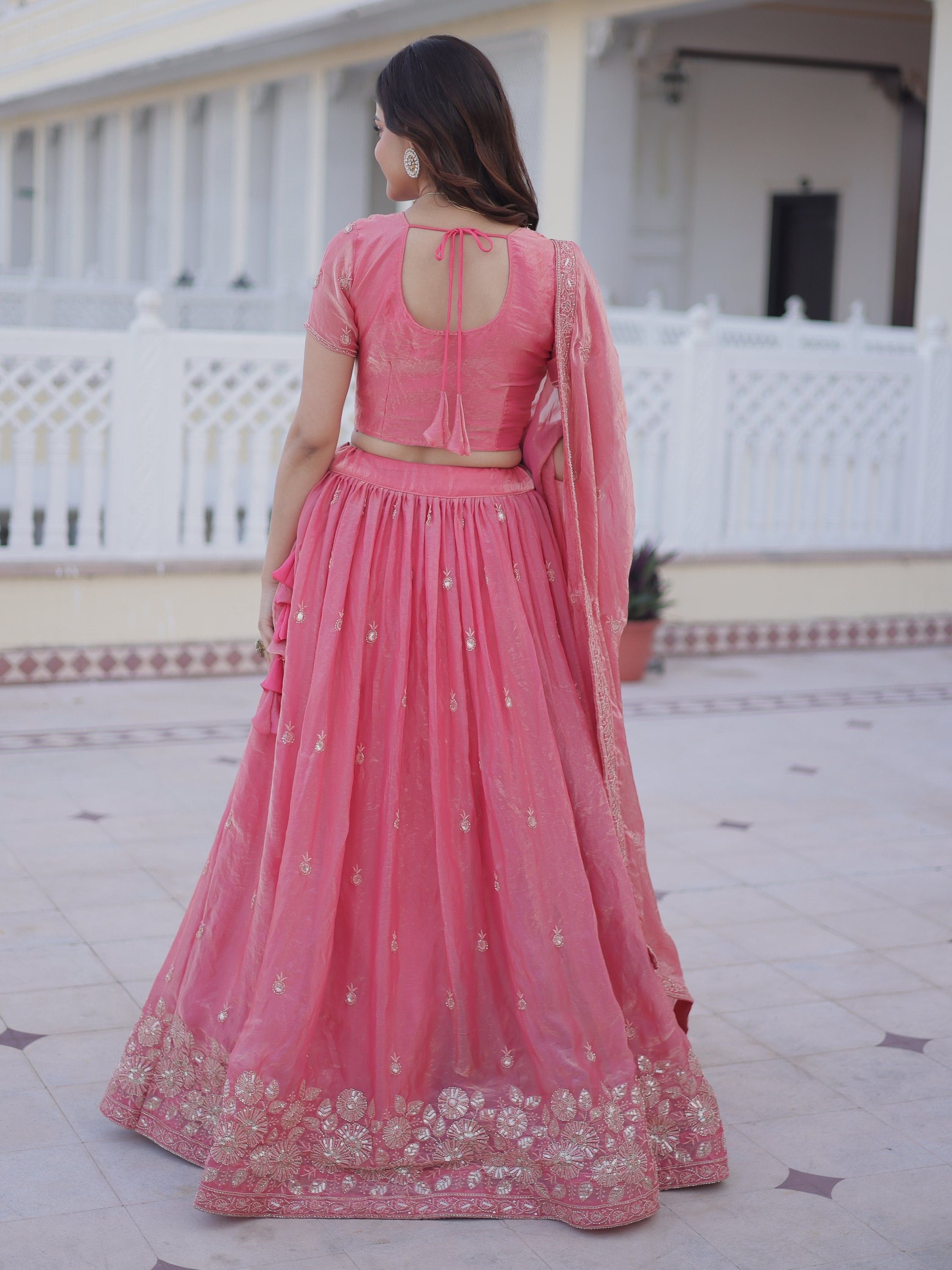 Majestic Pink Zari Embroidery Silk Lehenga Choli With Dupatta