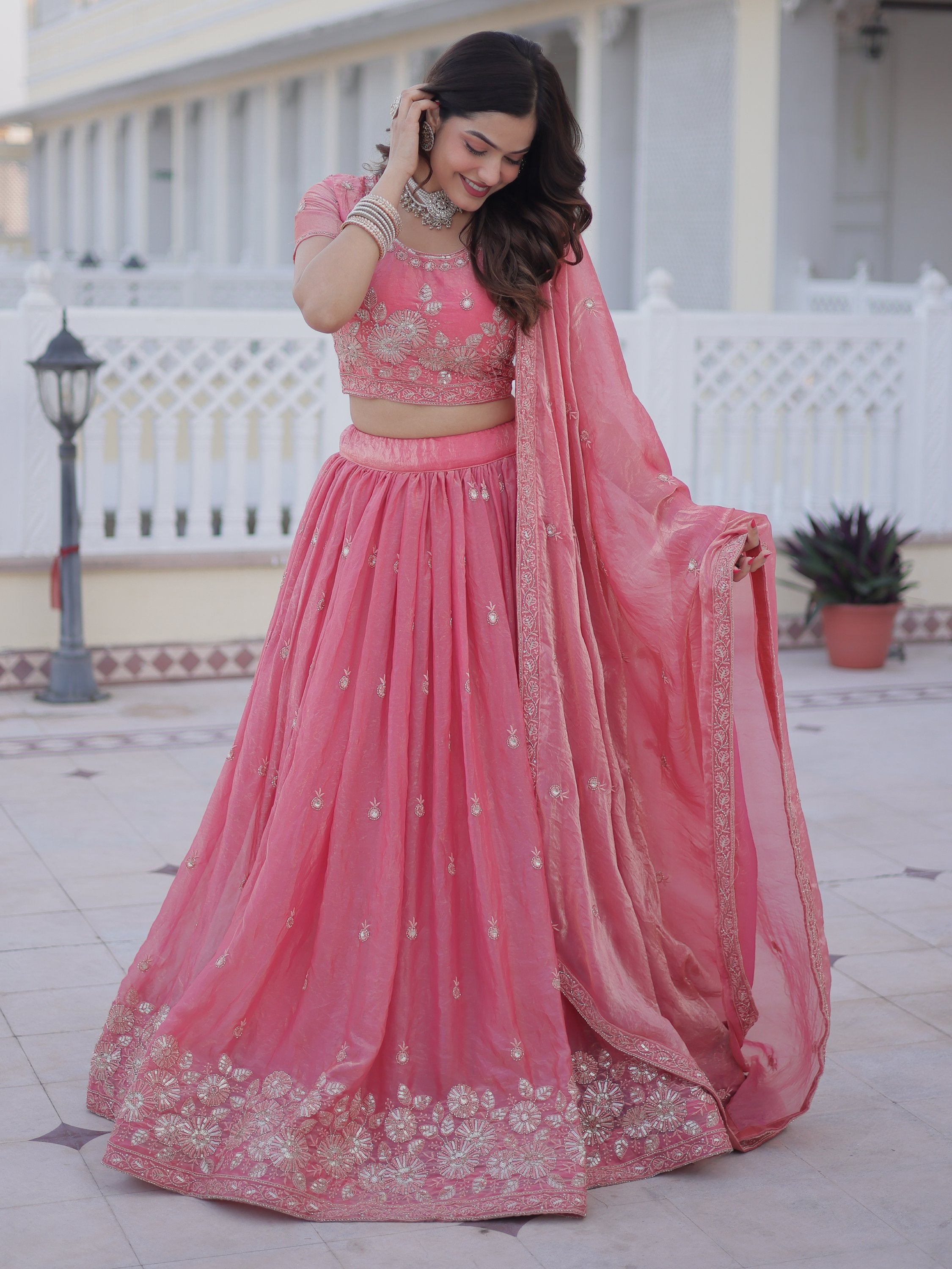 Majestic Pink Zari Embroidery Silk Lehenga Choli With Dupatta