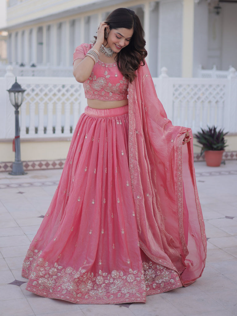 Majestic Pink Zari Embroidery Silk Lehenga Choli With Dupatta