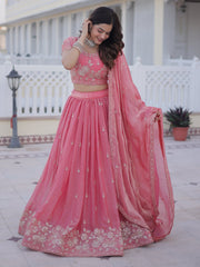Majestic Pink Zari Embroidery Silk Lehenga Choli With Dupatta