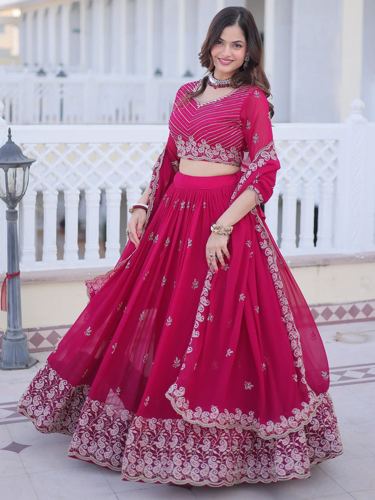 Attractive Rani Pink Sequins Georgette Lehenga Choli With Dupatta