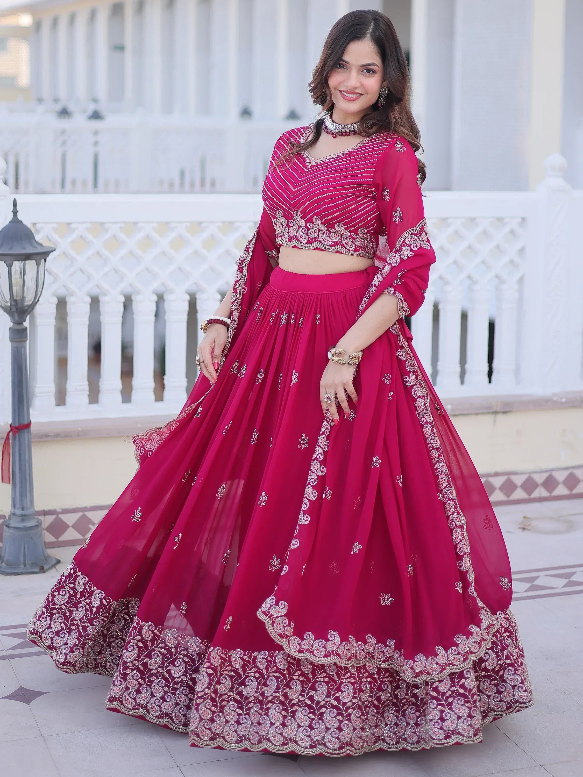 Attractive Rani Pink Sequins Georgette Lehenga Choli With Dupatta