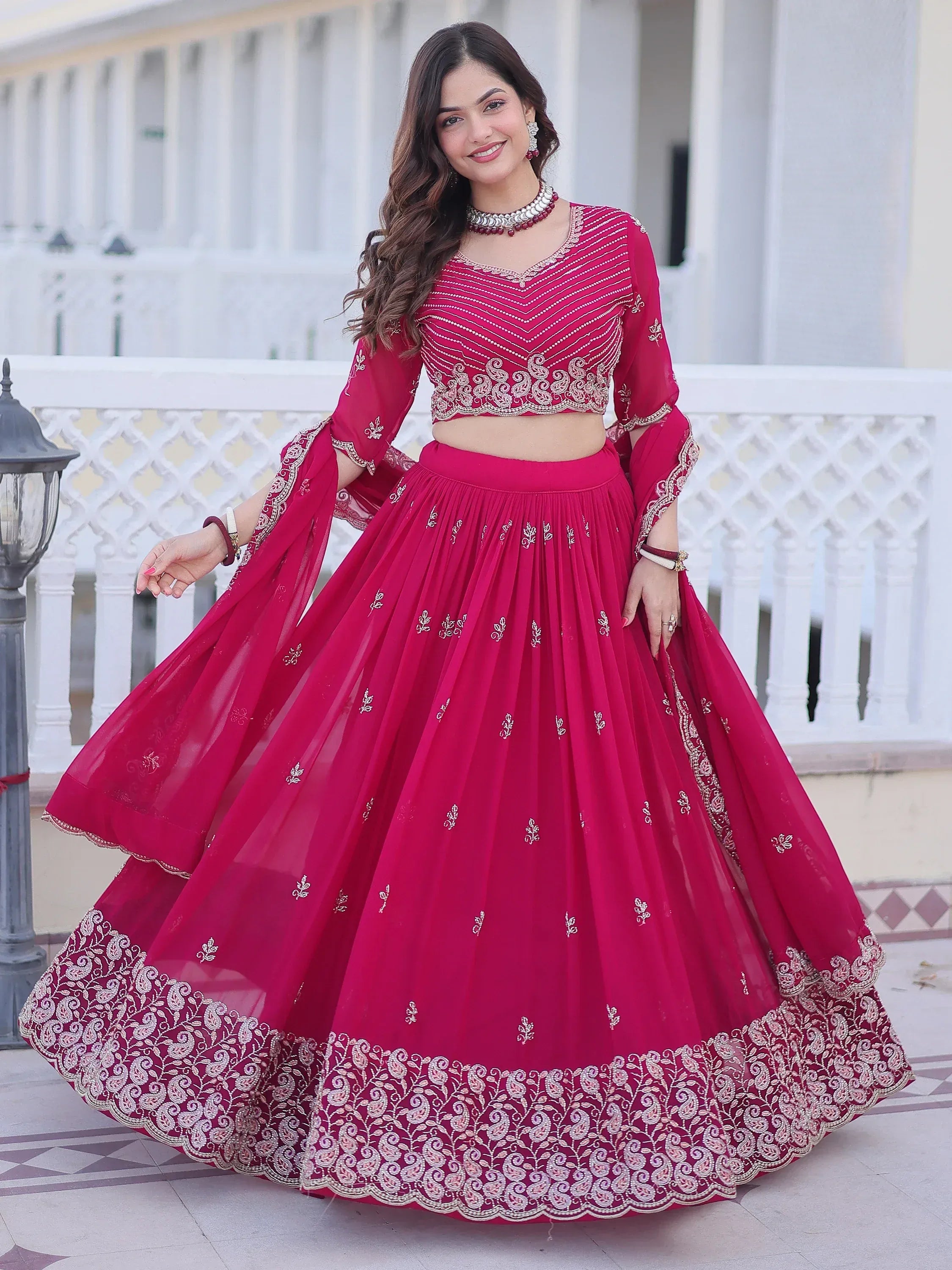 Attractive Rani Pink Sequins Georgette Lehenga Choli With Dupatta