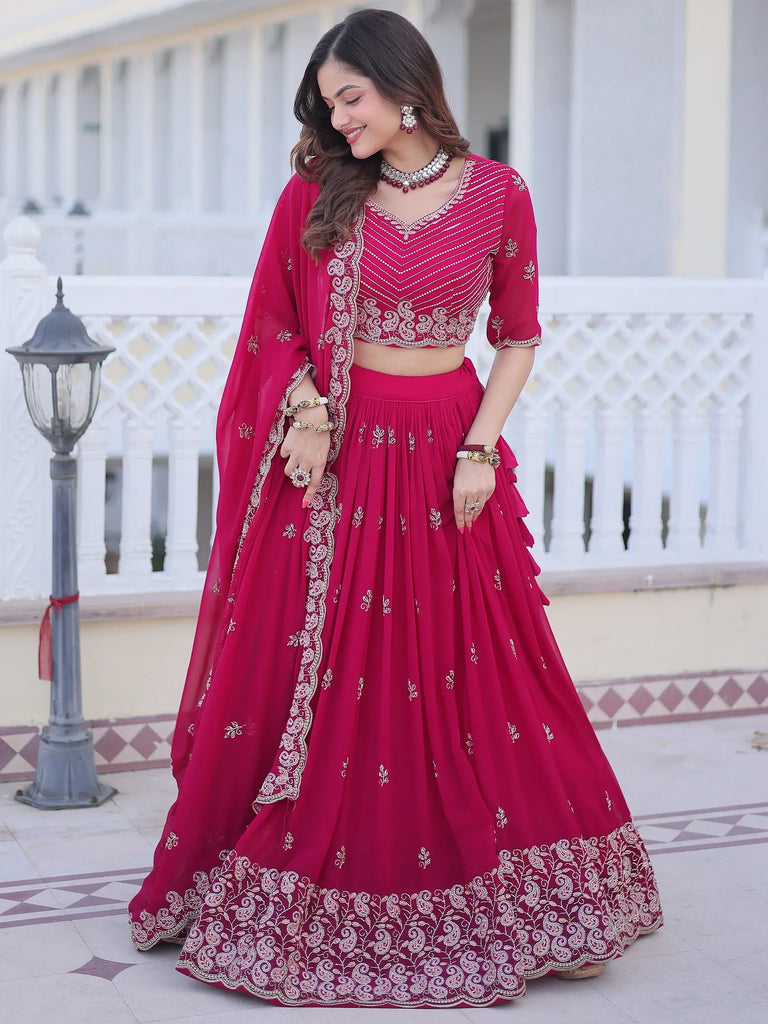 Attractive Rani Pink Sequins Georgette Lehenga Choli With Dupatta