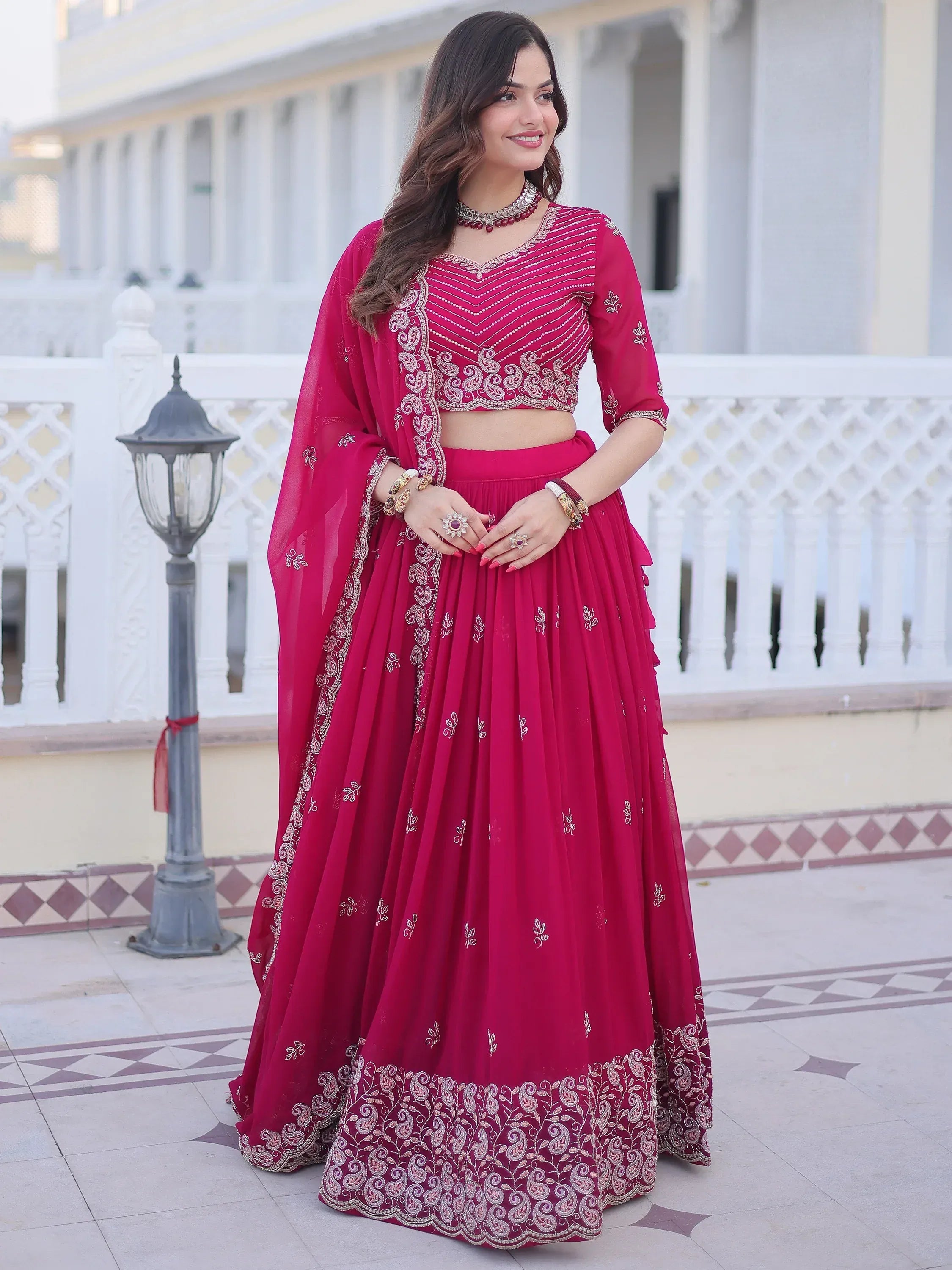 Attractive Rani Pink Sequins Georgette Lehenga Choli With Dupatta