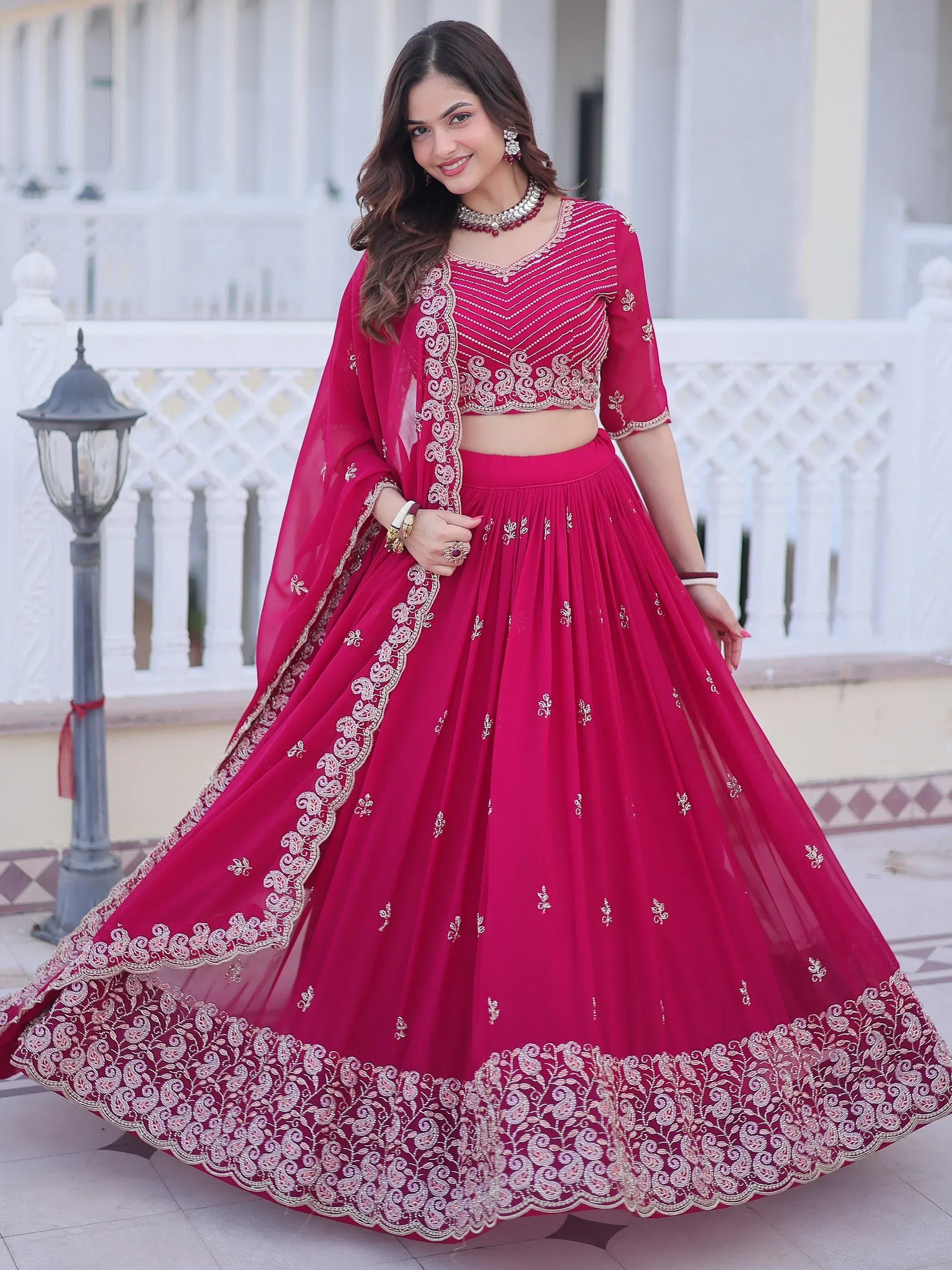 Attractive Rani Pink Sequins Georgette Lehenga Choli With Dupatta