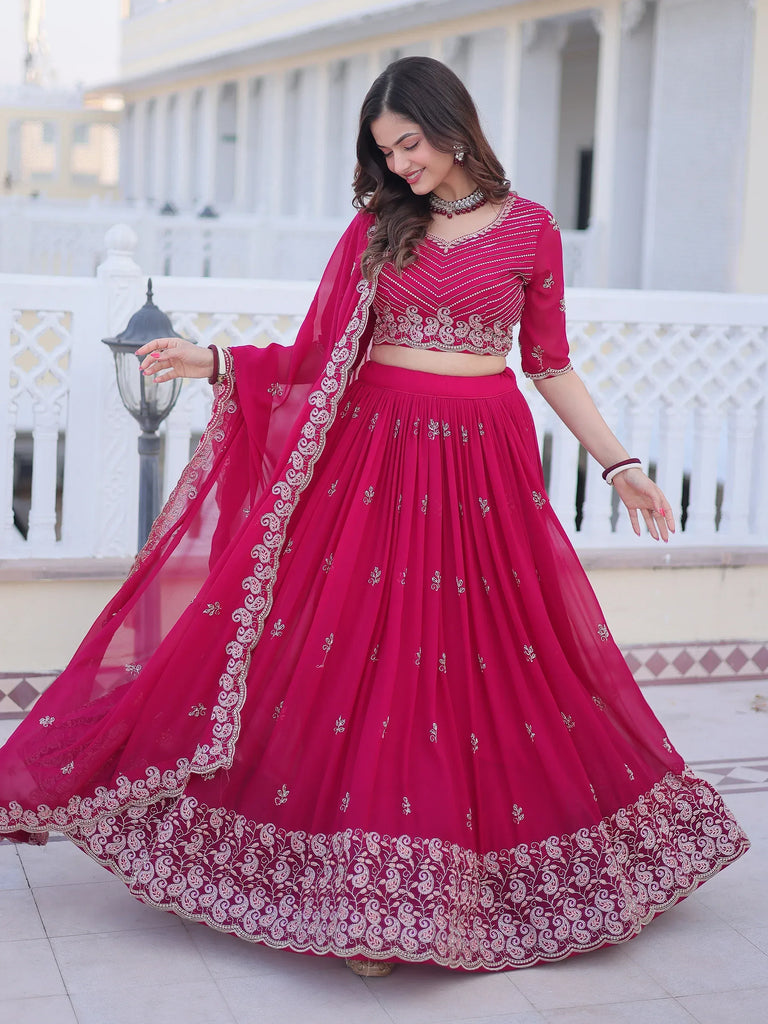 Attractive Rani Pink Sequins Georgette Lehenga Choli With Dupatta
