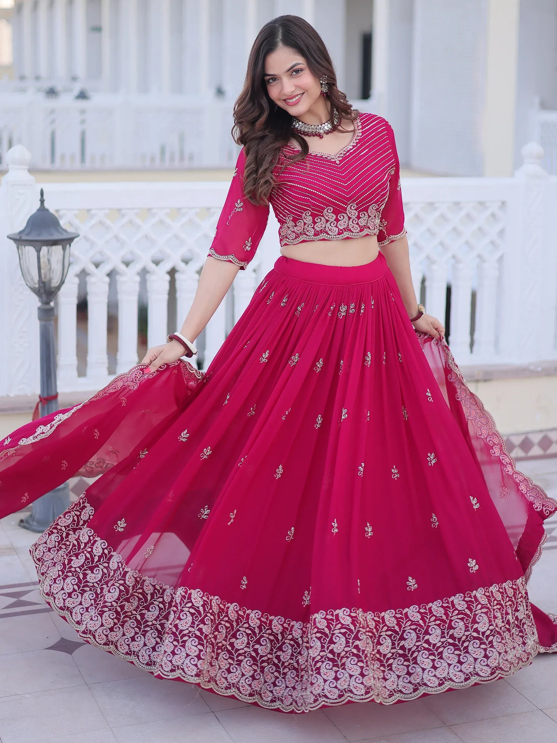 Attractive Rani Pink Sequins Georgette Lehenga Choli With Dupatta