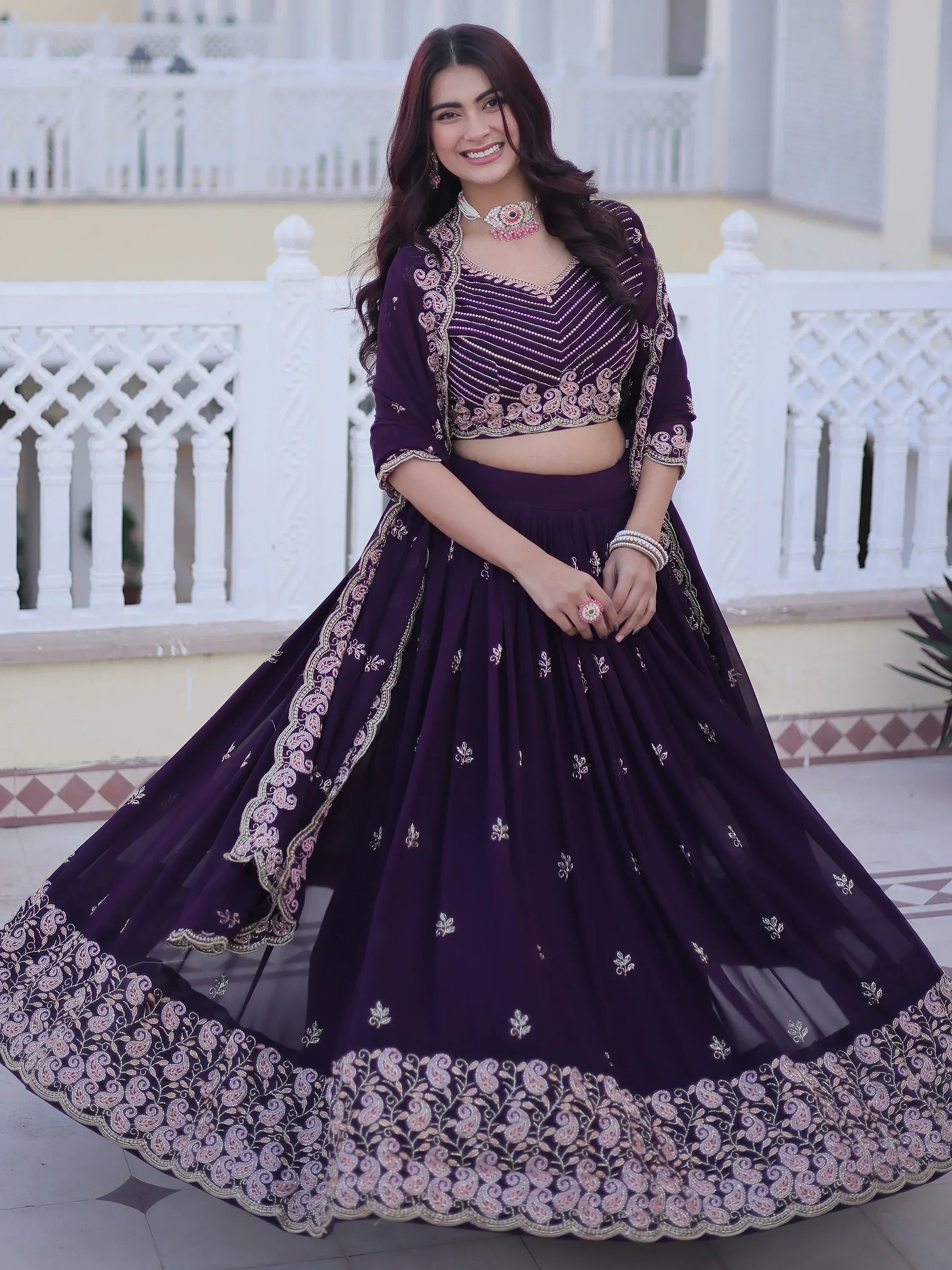 Beautiful Wine Zari Embroidered Georgette Wedding Lehenga Choli