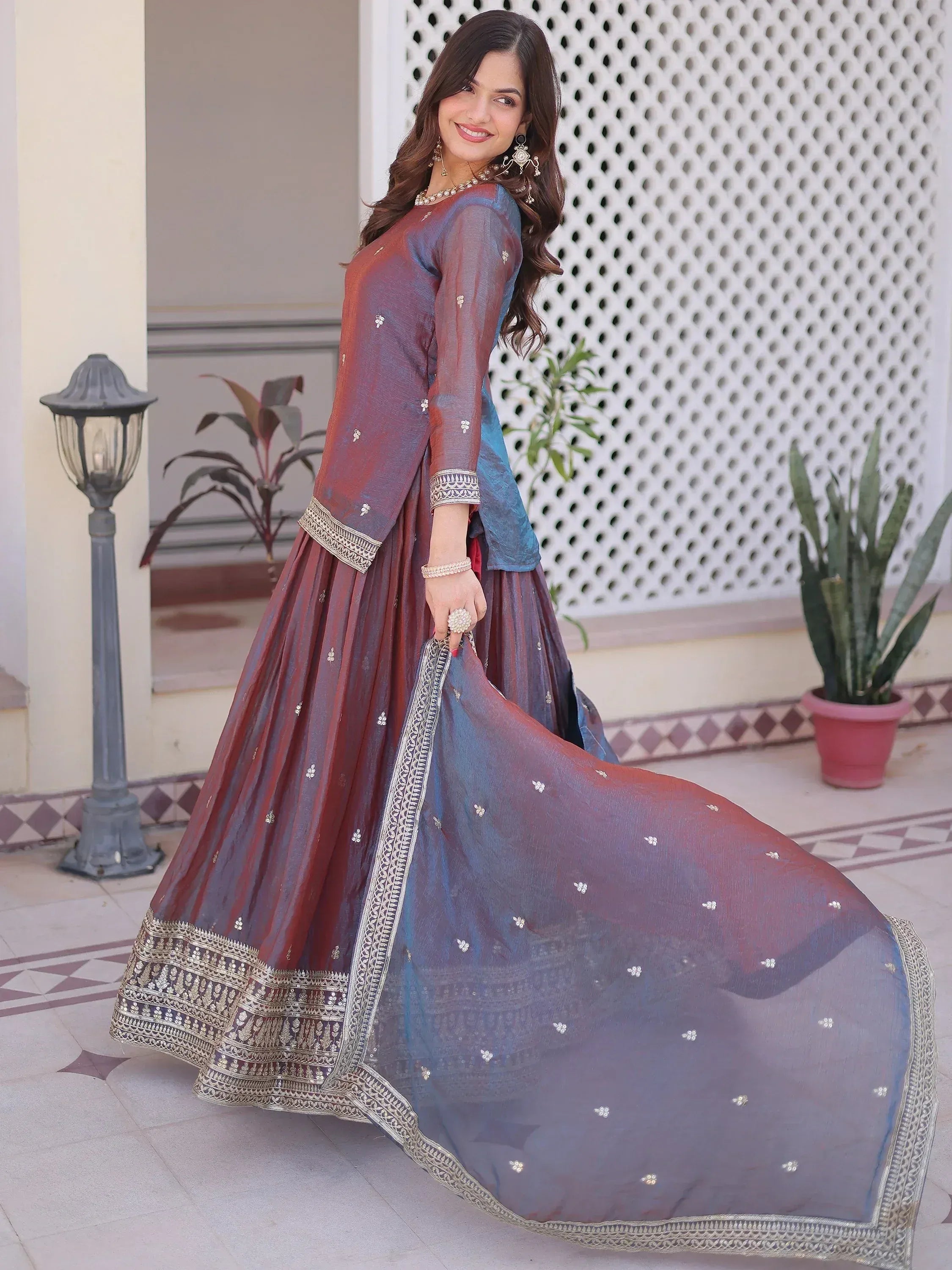 Great Wine Sequins Chiffon Wedding Wear Lehenga With Short Kurti