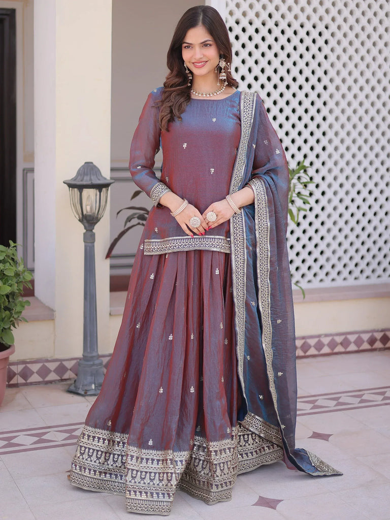 Great Wine Sequins Chiffon Wedding Wear Lehenga With Short Kurti