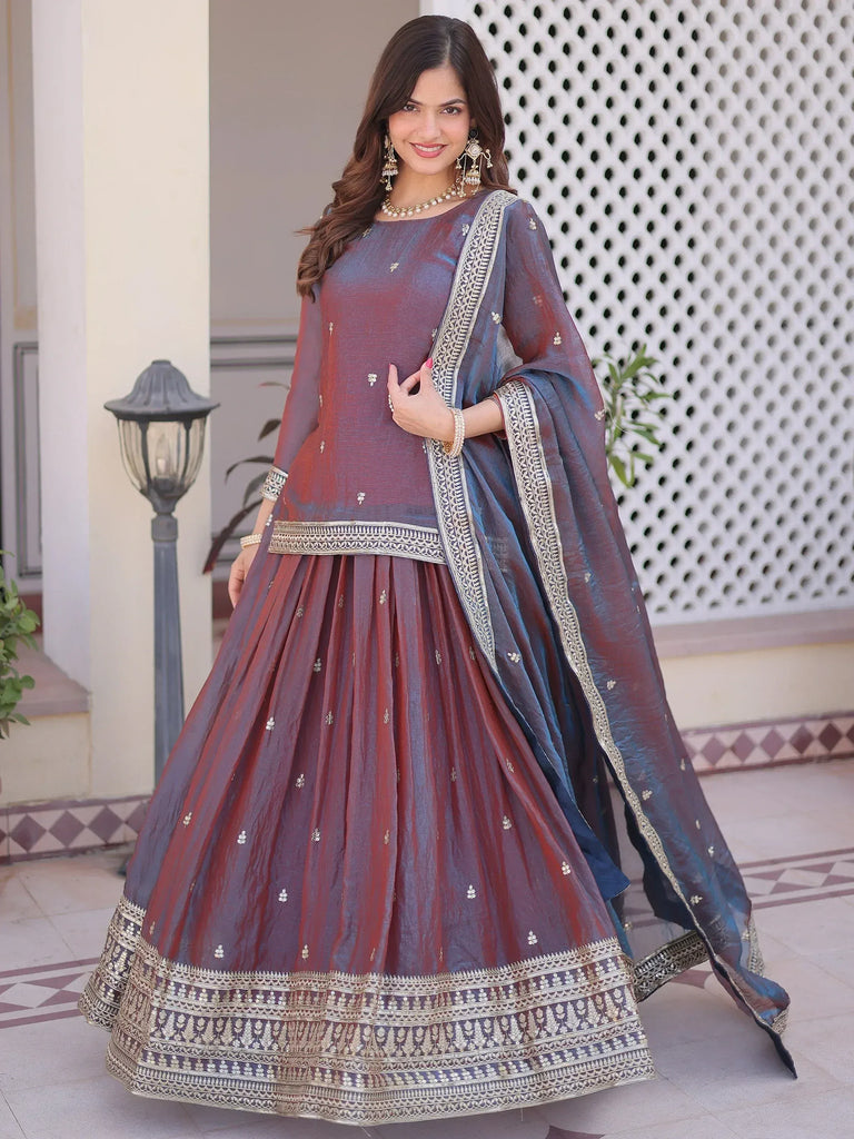 Great Wine Sequins Chiffon Wedding Wear Lehenga With Short Kurti