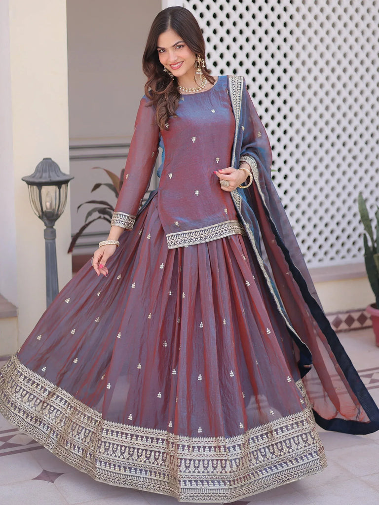 Great Wine Sequins Chiffon Wedding Wear Lehenga With Short Kurti