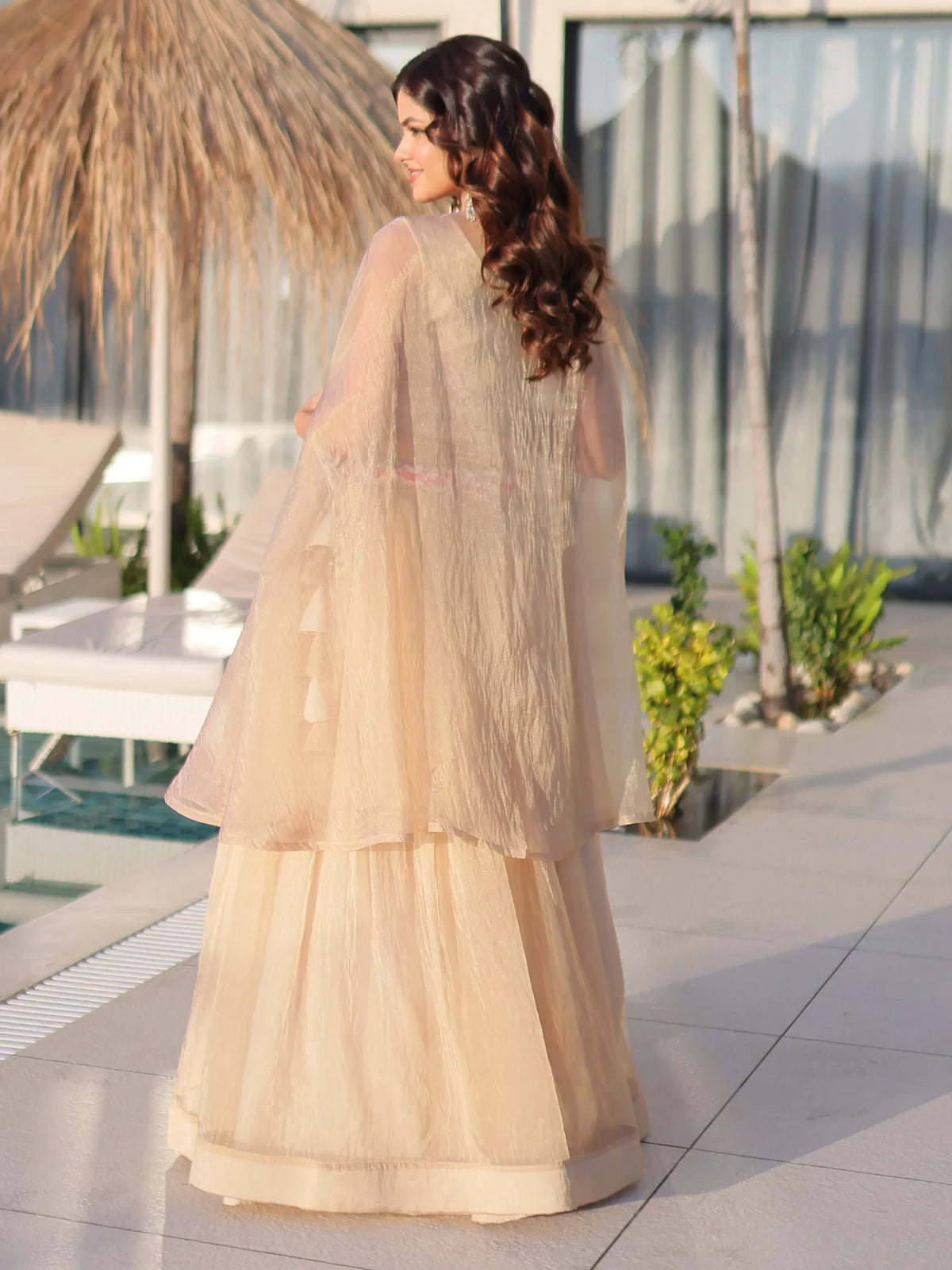 Stunning Cream Organza Lehenga With Bead Work Choli And Shrug