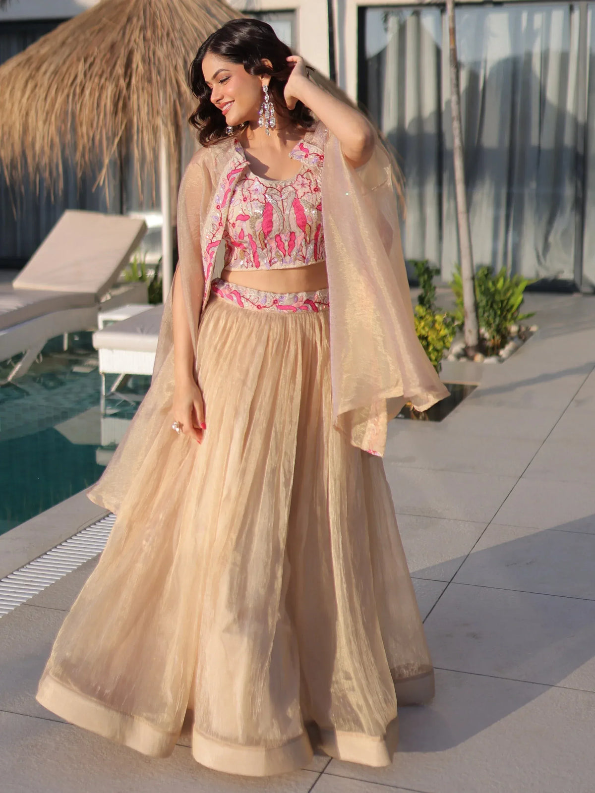 Stunning Cream Organza Lehenga With Bead Work Choli And Shrug