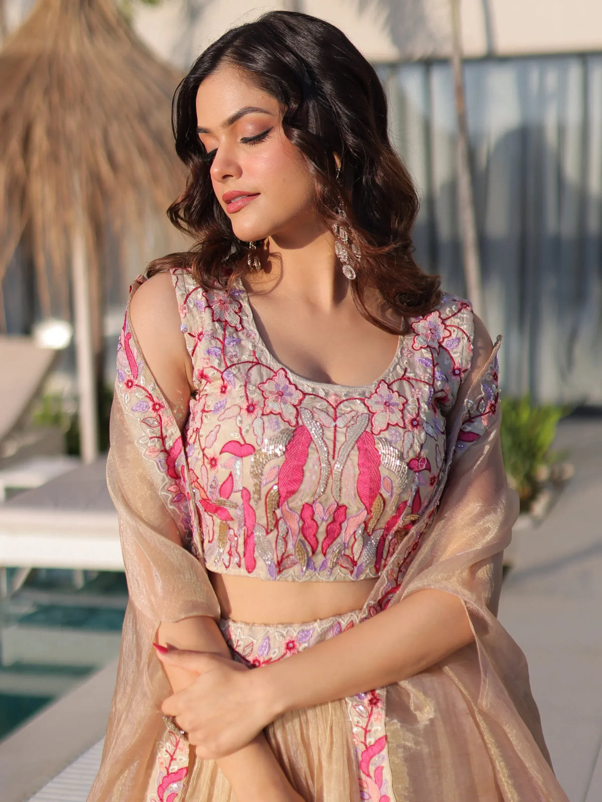 Stunning Cream Organza Lehenga With Bead Work Choli And Shrug