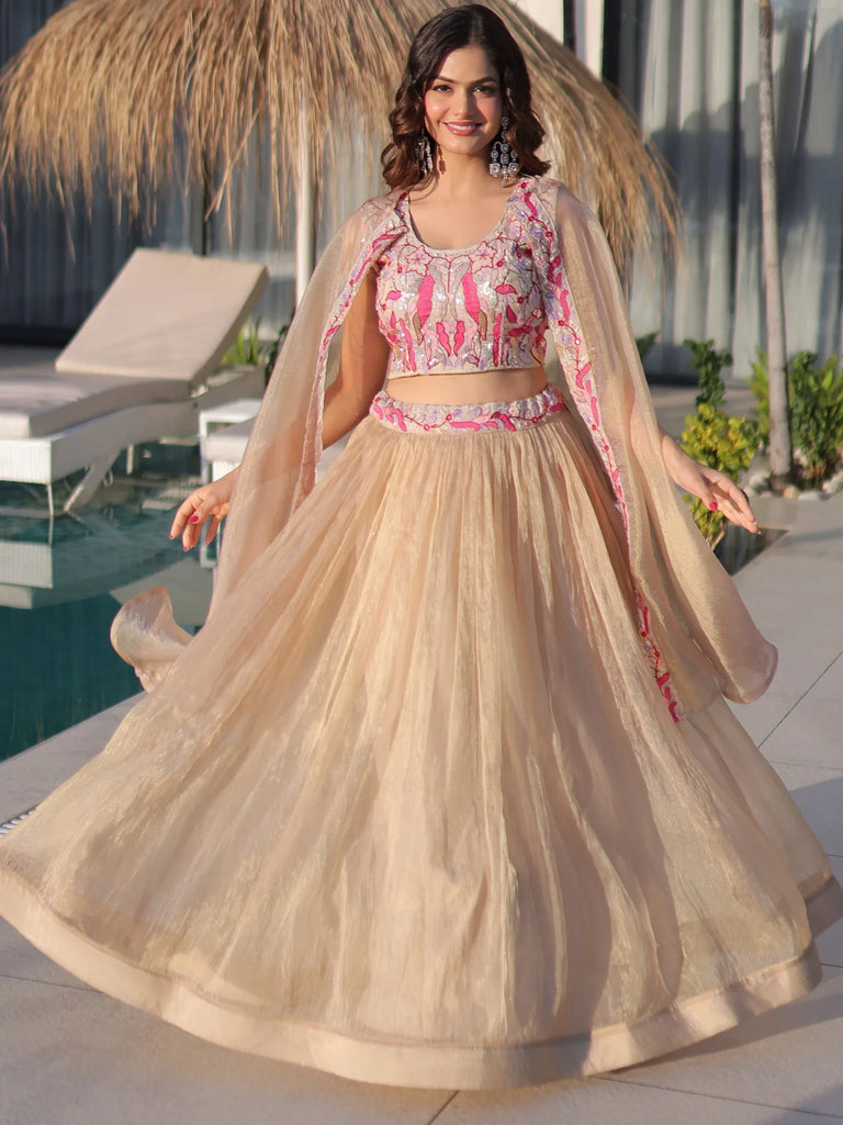 Stunning Cream Organza Lehenga With Bead Work Choli And Shrug