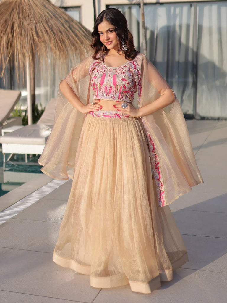 Stunning Cream Organza Lehenga With Bead Work Choli And Shrug