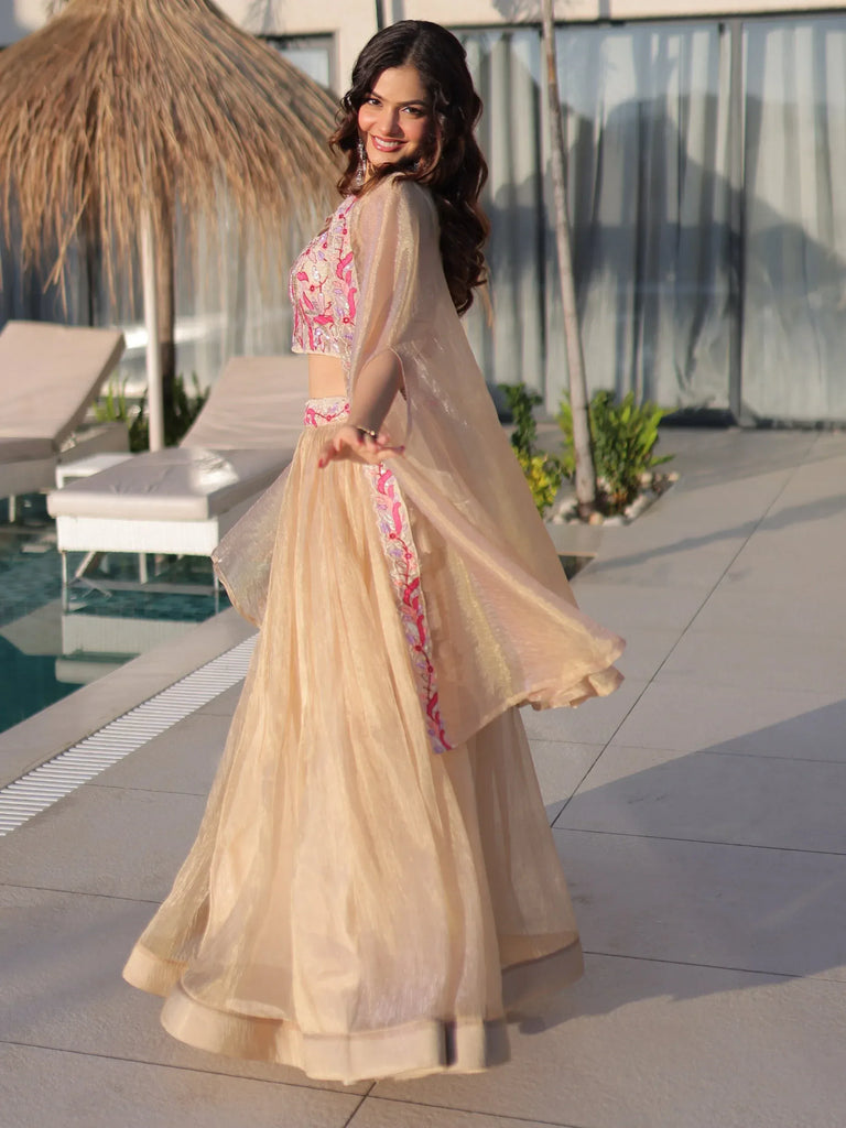 Stunning Cream Organza Lehenga With Bead Work Choli And Shrug