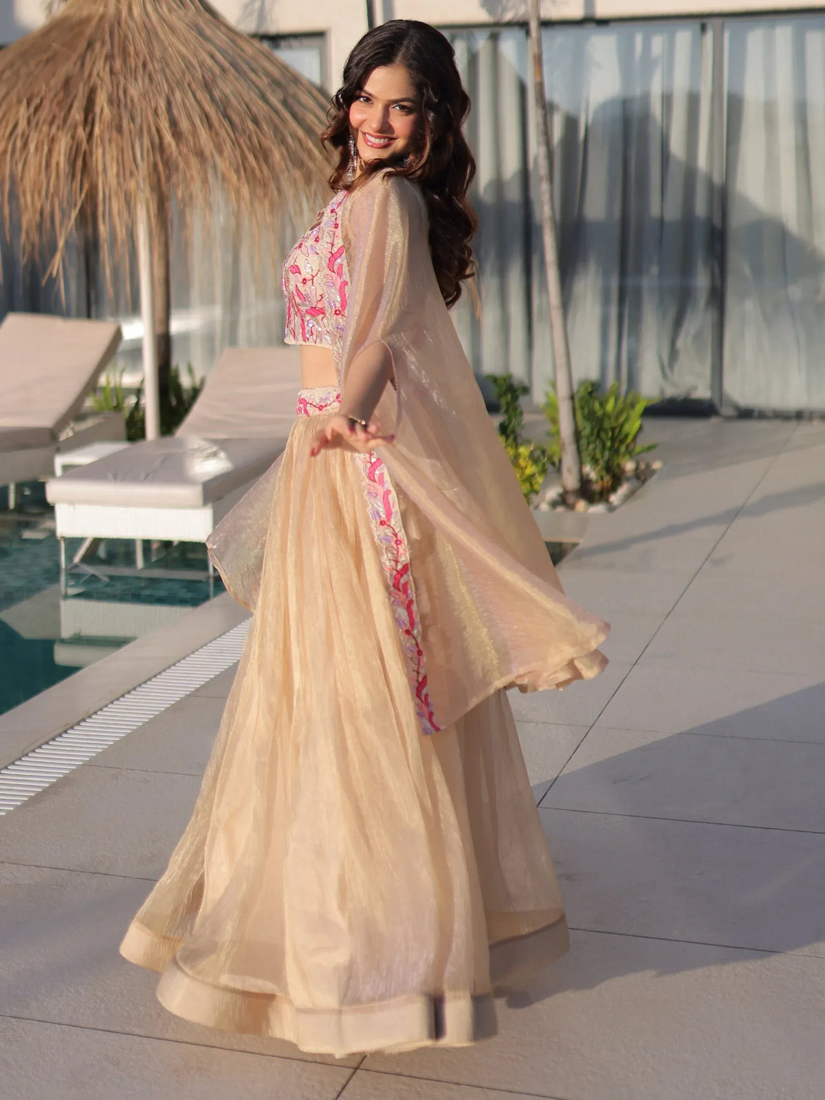 Stunning Cream Organza Lehenga With Bead Work Choli And Shrug