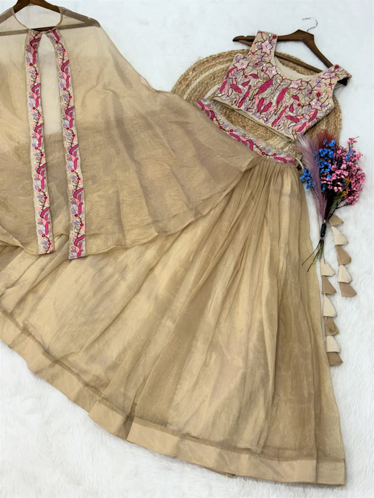 Stunning Cream Organza Lehenga With Bead Work Choli And Shrug