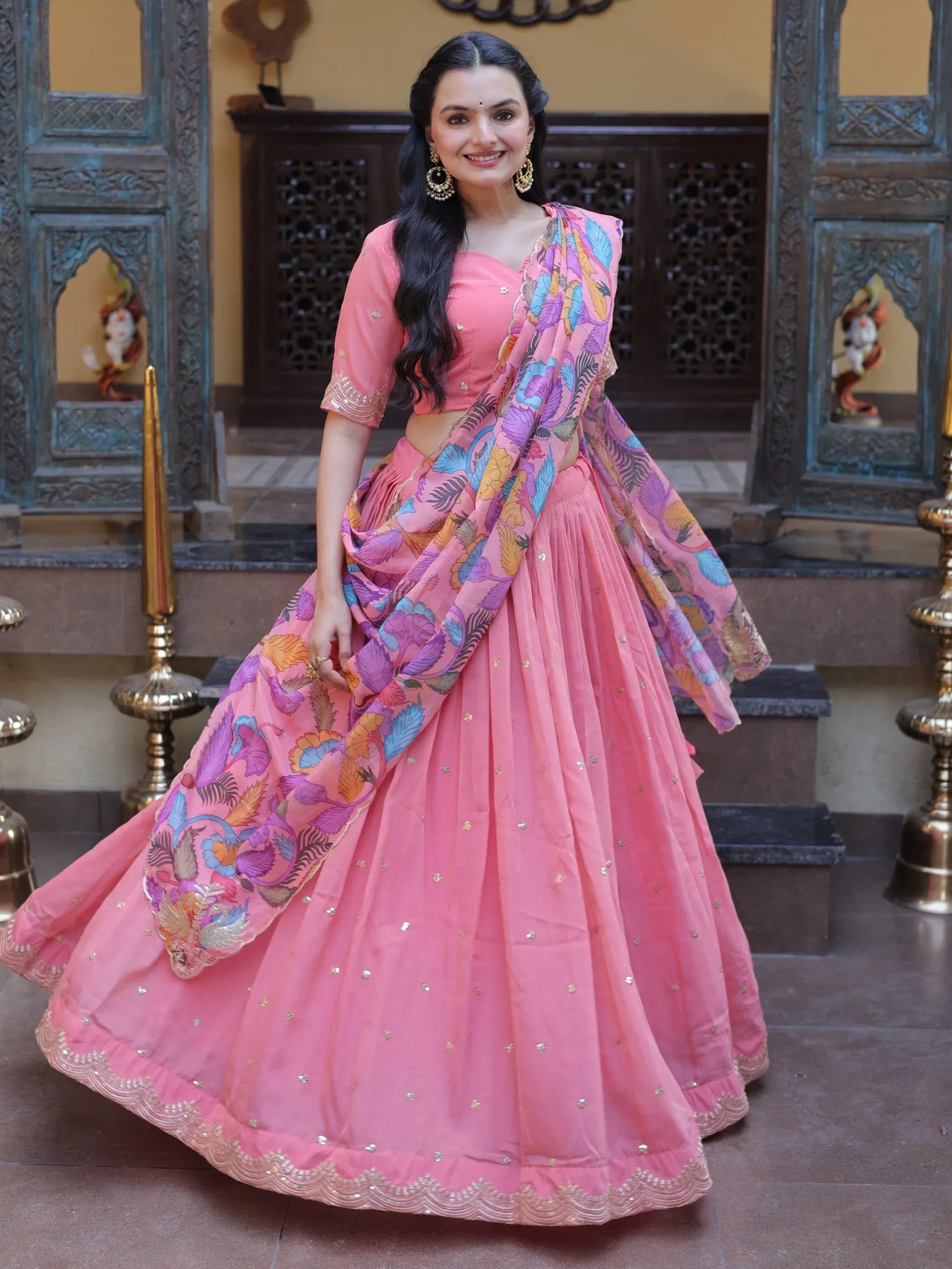 Precious Peach Zari Work Silk Engagement Wear Half Saree Lehenga