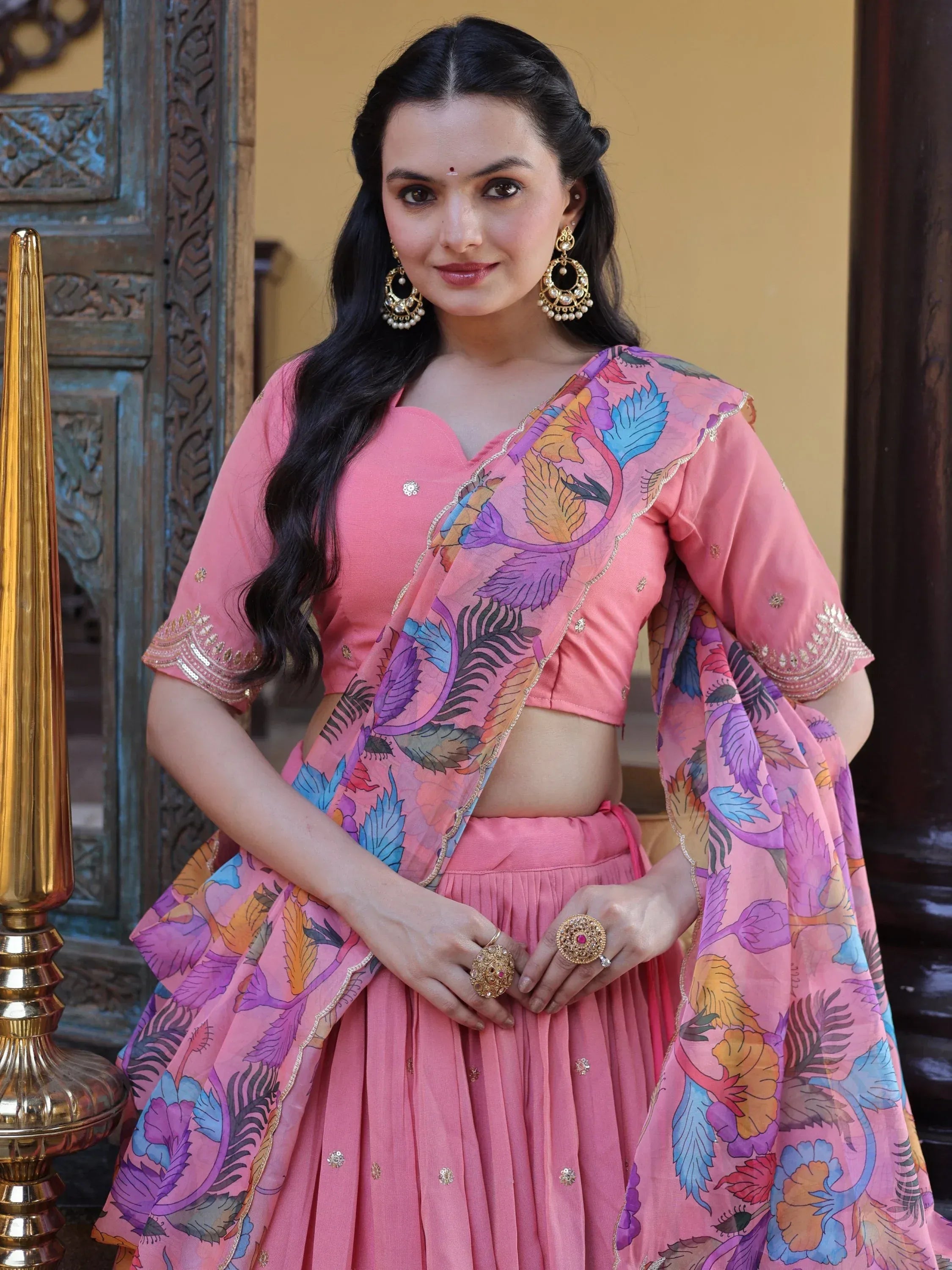 Precious Peach Zari Work Silk Engagement Wear Half Saree Lehenga