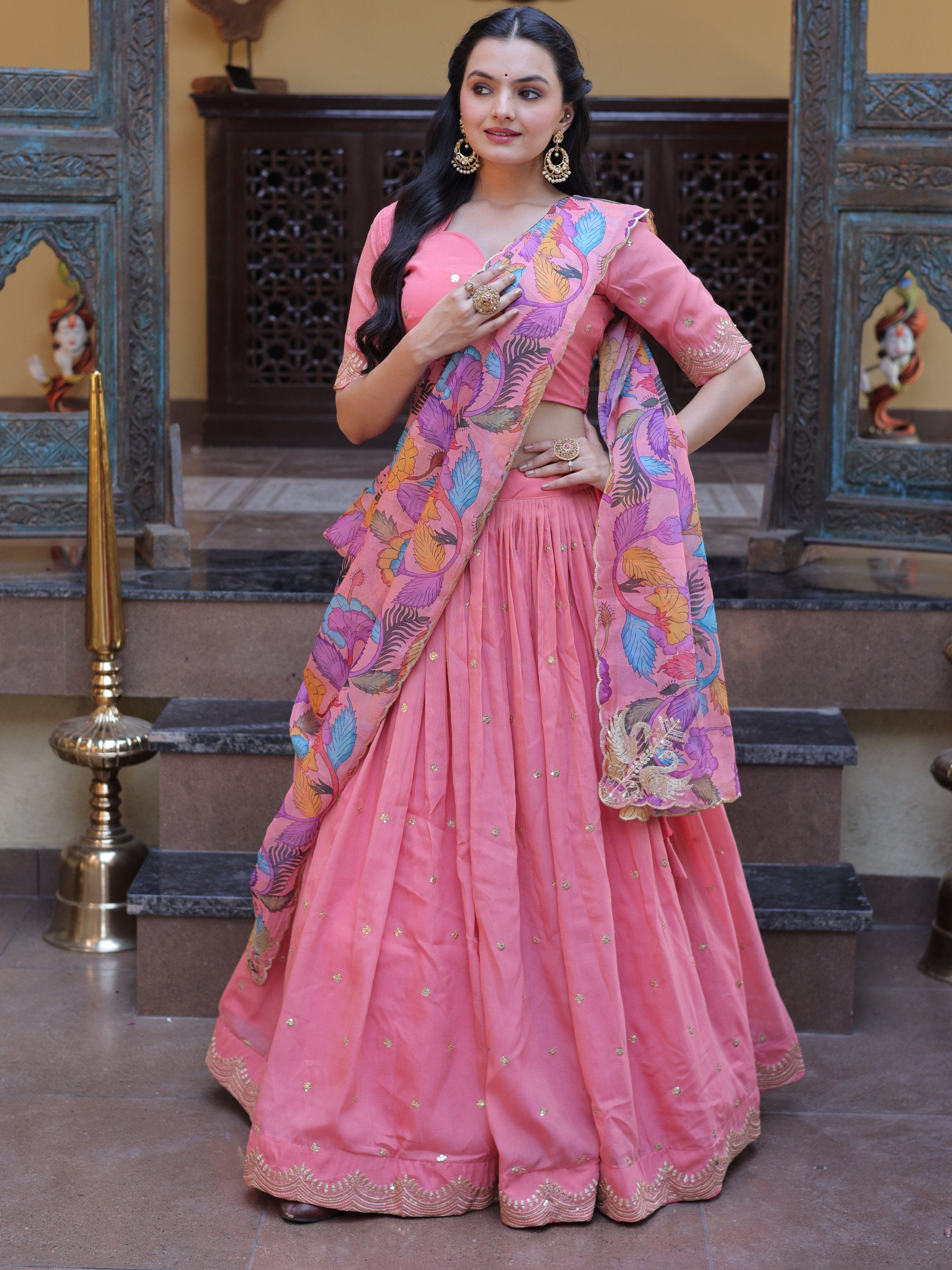 Precious Peach Zari Work Silk Engagement Wear Half Saree Lehenga