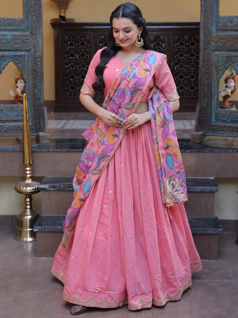 Precious Peach Zari Work Silk Engagement Wear Half Saree Lehenga