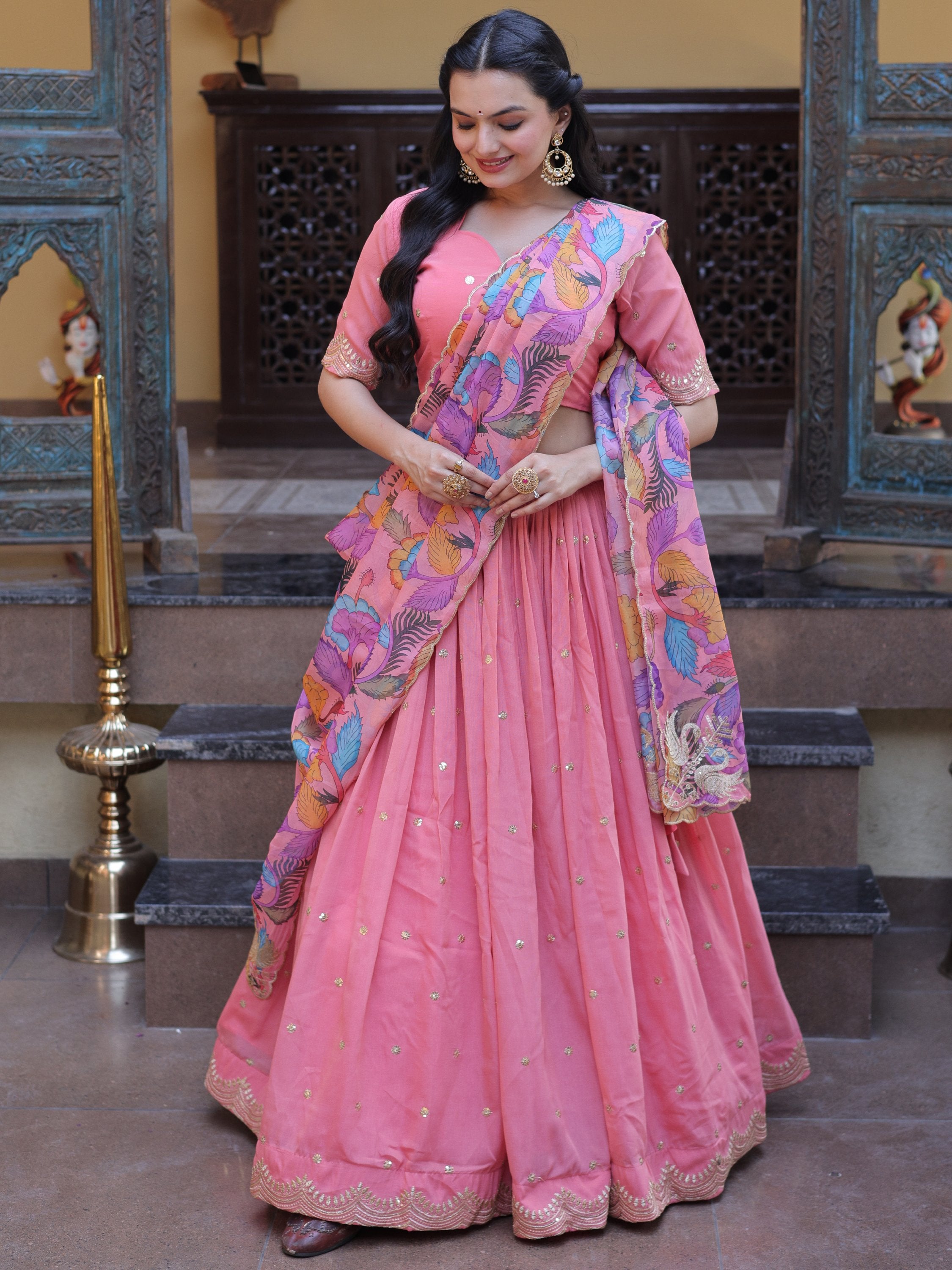 Precious Peach Zari Work Silk Engagement Wear Half Saree Lehenga