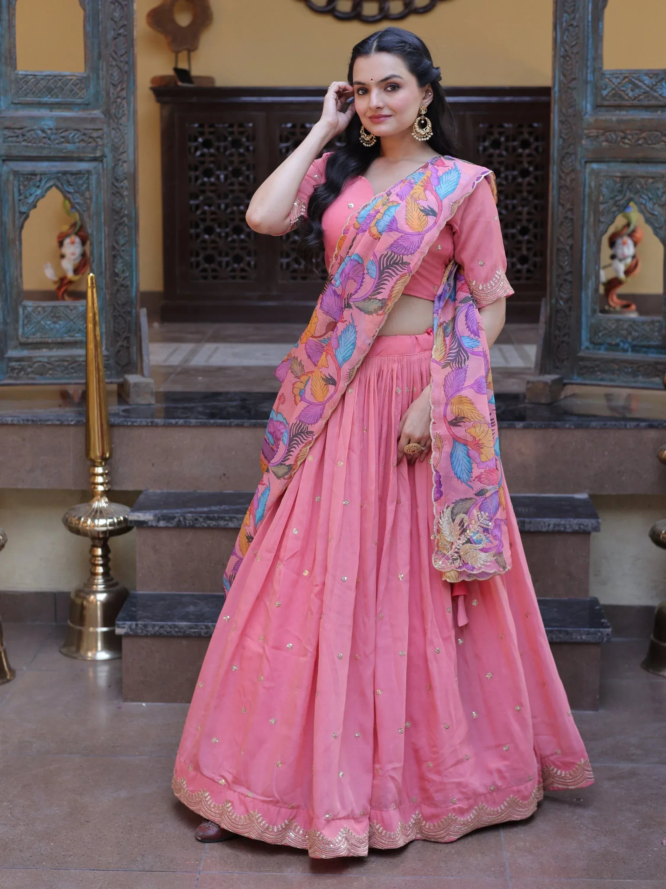 Precious Peach Zari Work Silk Engagement Wear Half Saree Lehenga