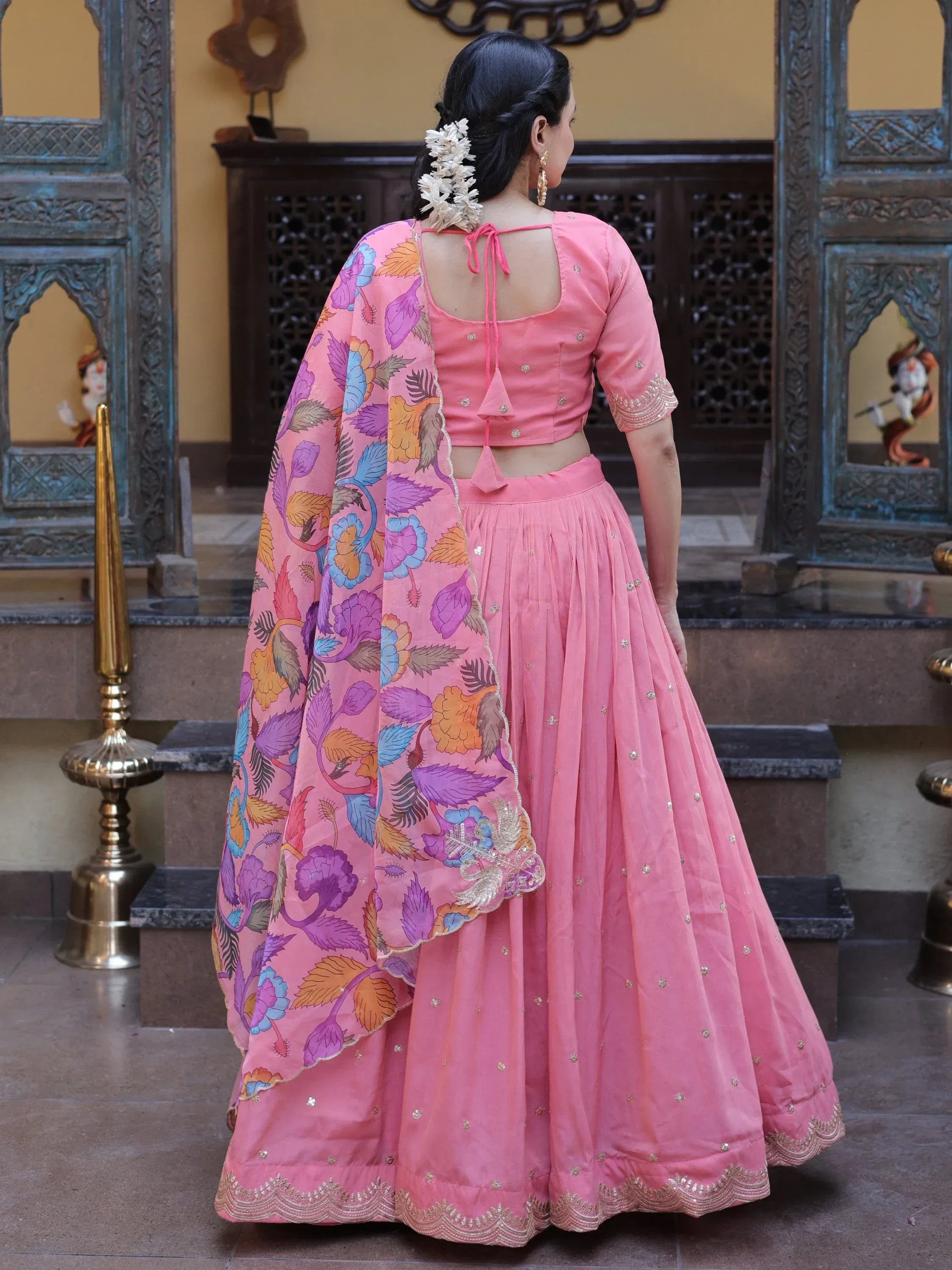 Precious Peach Zari Work Silk Engagement Wear Half Saree Lehenga