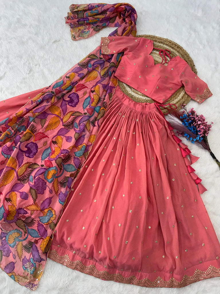 Precious Peach Zari Work Silk Engagement Wear Half Saree Lehenga