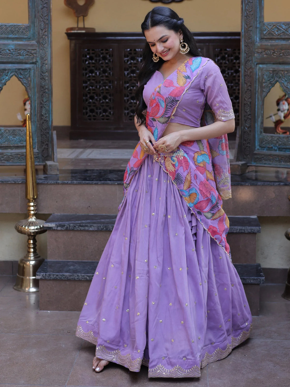 Alluring Pearl Sequins Silk Function Wear Half Saree Lehenga