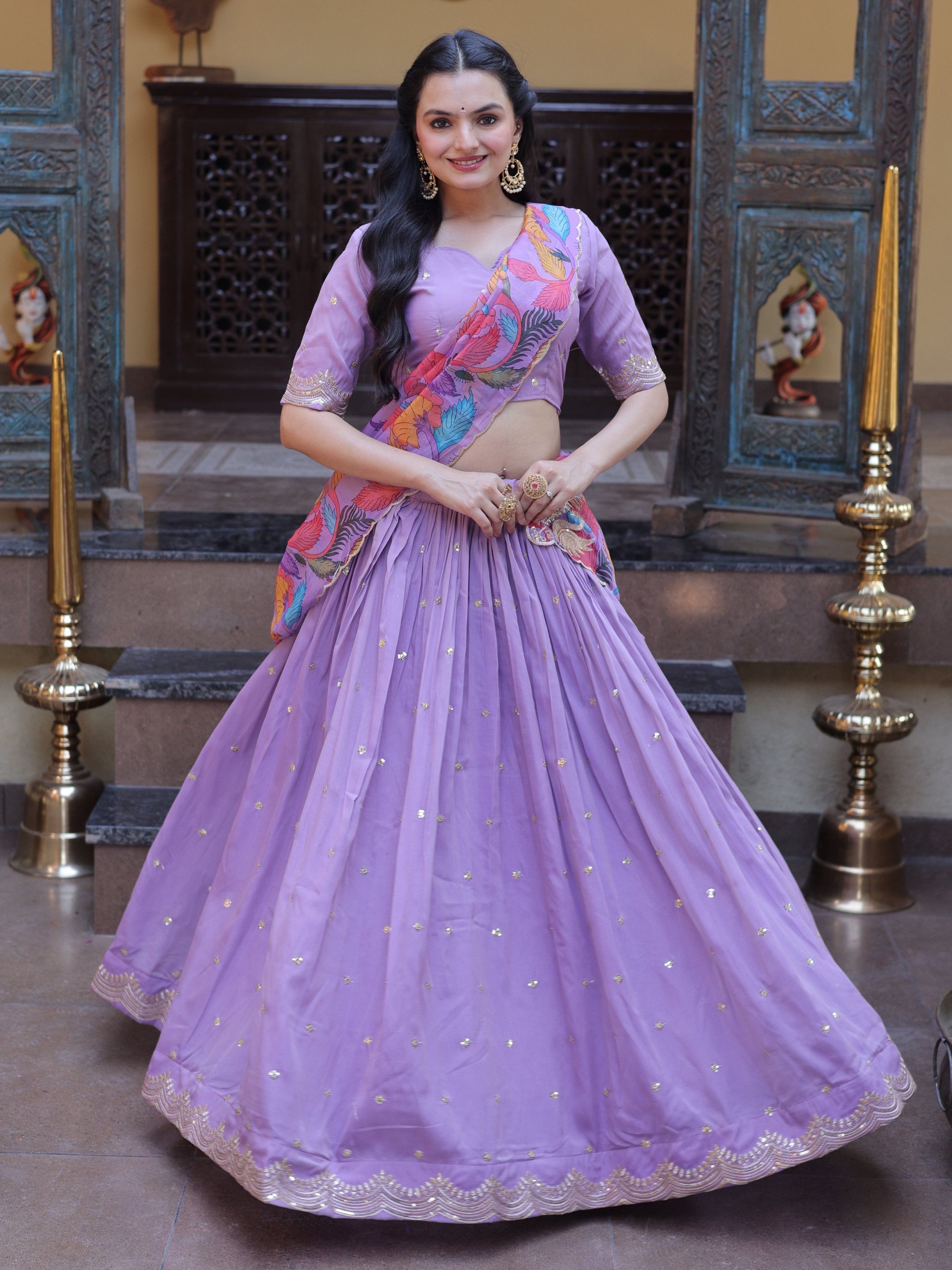 Alluring Pearl Sequins Silk Function Wear Half Saree Lehenga
