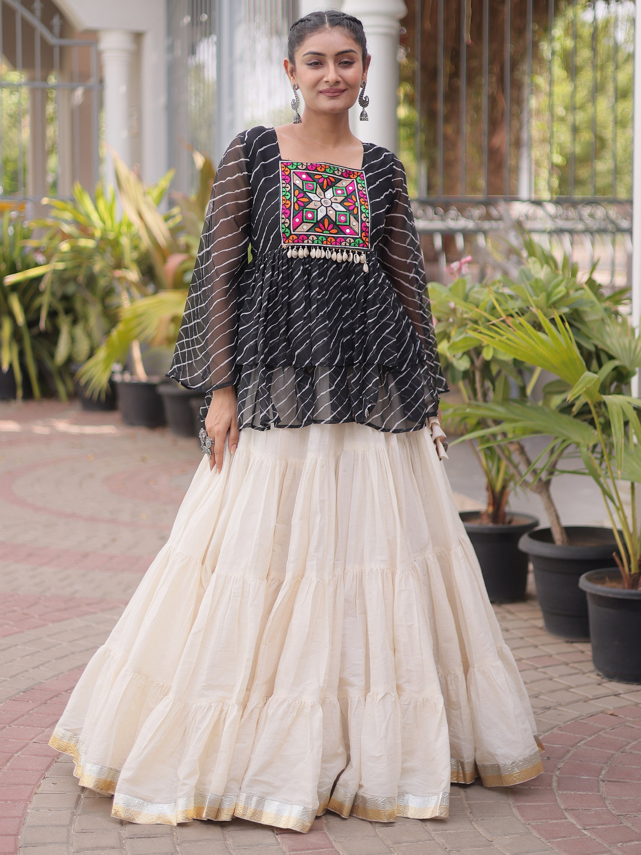 Captivating Black Laced Cotton Navratri Special Lehenga With Peplum Top