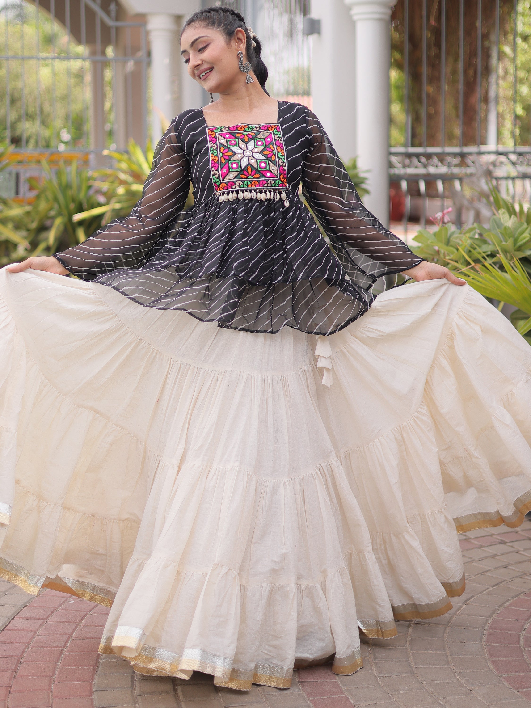 Captivating Black Laced Cotton Navratri Special Lehenga With Peplum Top