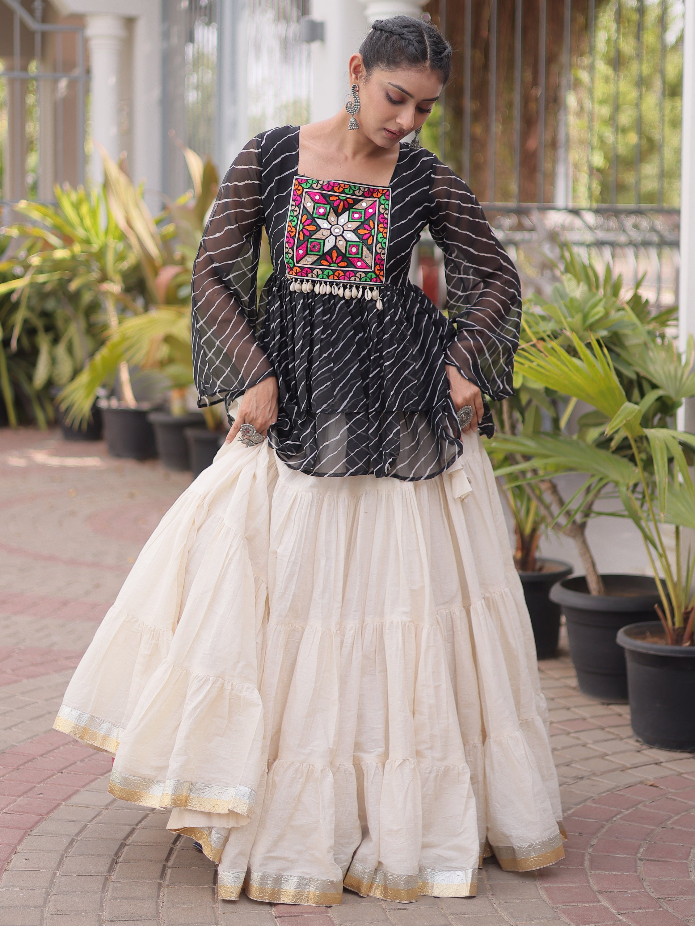 Captivating Black Laced Cotton Navratri Special Lehenga With Peplum Top