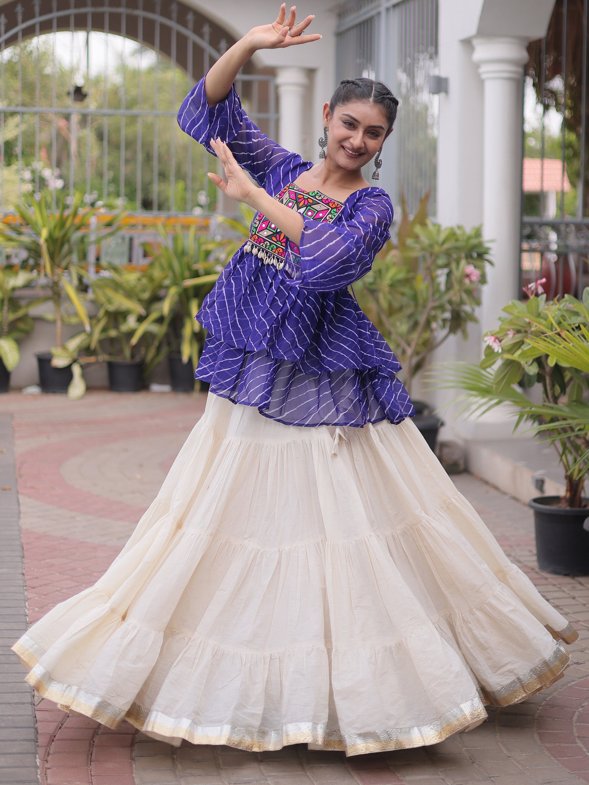 Precious Royal Blue Laheriya Printed Navratri Lehenga With Peplum Top