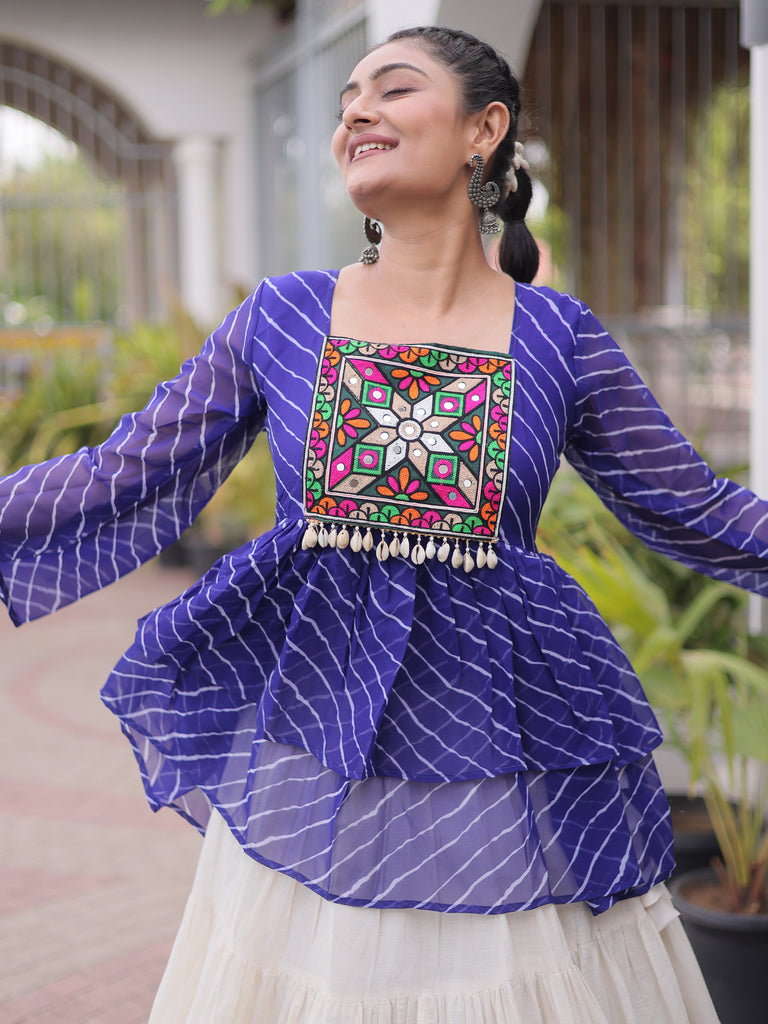 Precious Royal Blue Laheriya Printed Navratri Lehenga With Peplum Top