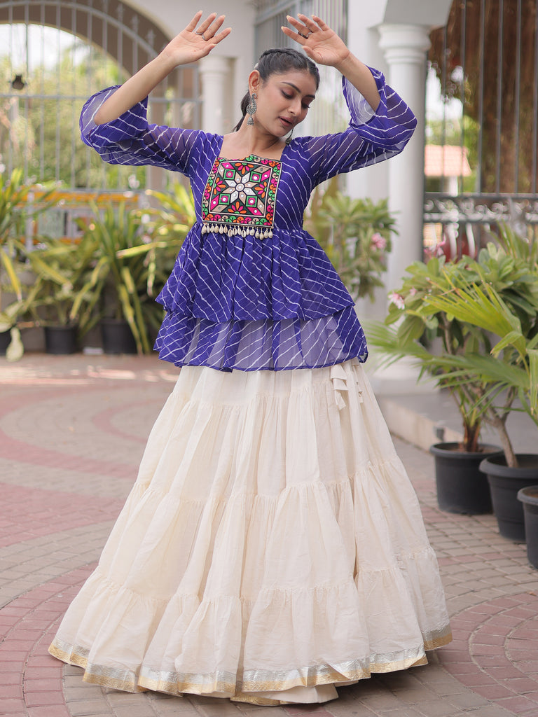 Precious Royal Blue Laheriya Printed Navratri Lehenga With Peplum Top