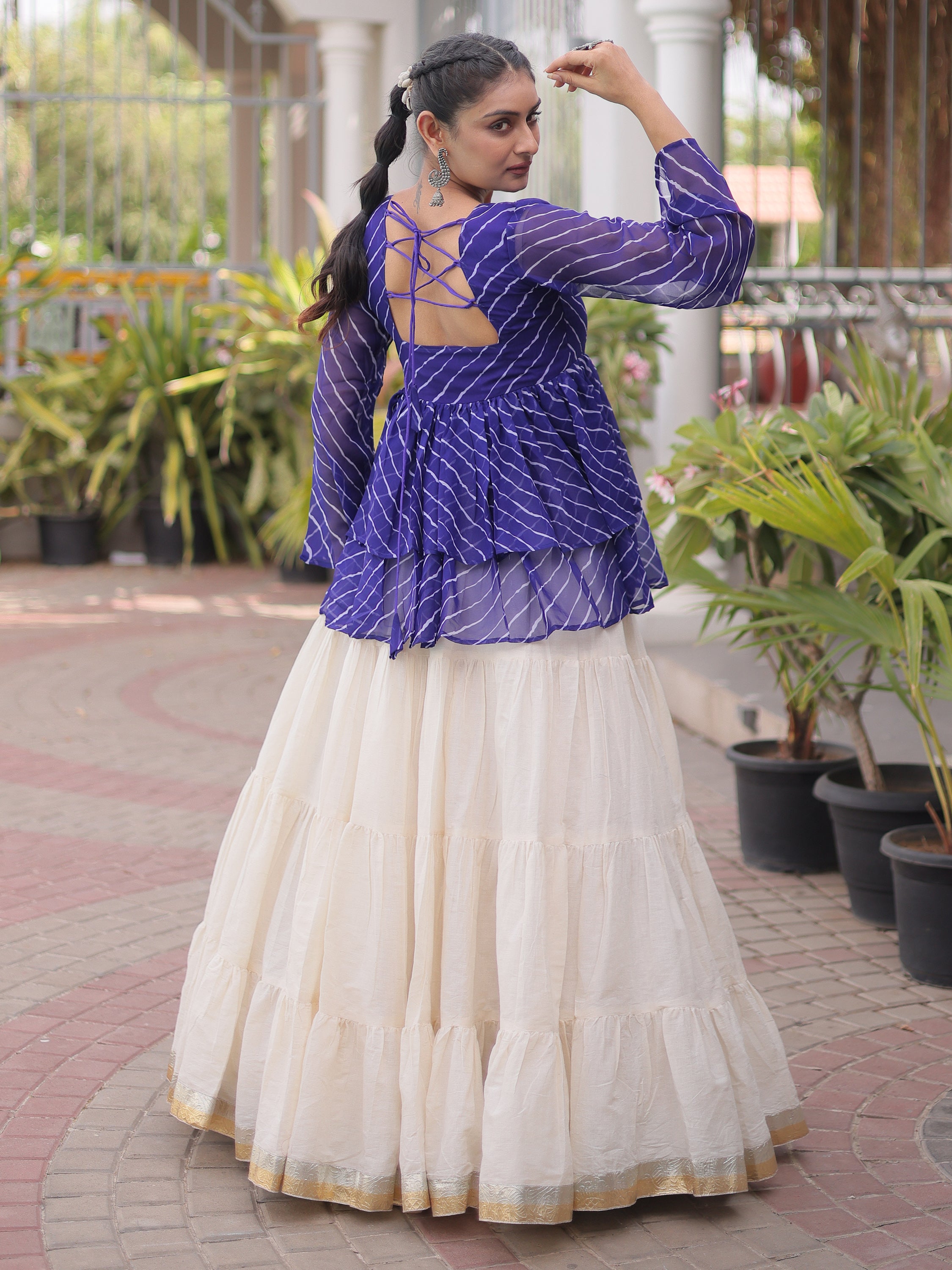 Precious Royal Blue Laheriya Printed Navratri Lehenga With Peplum Top
