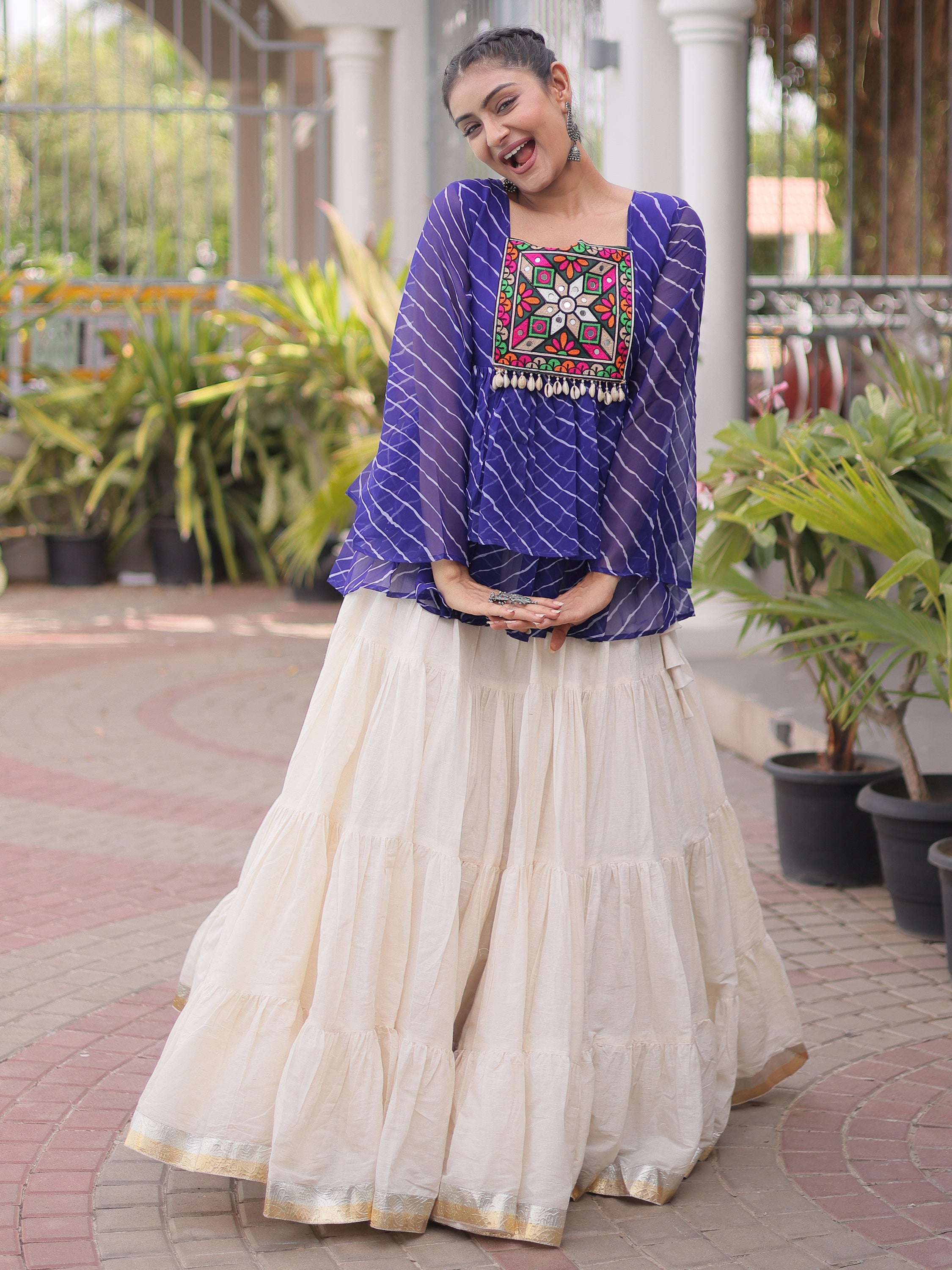 Precious Royal Blue Laheriya Printed Navratri Lehenga With Peplum Top