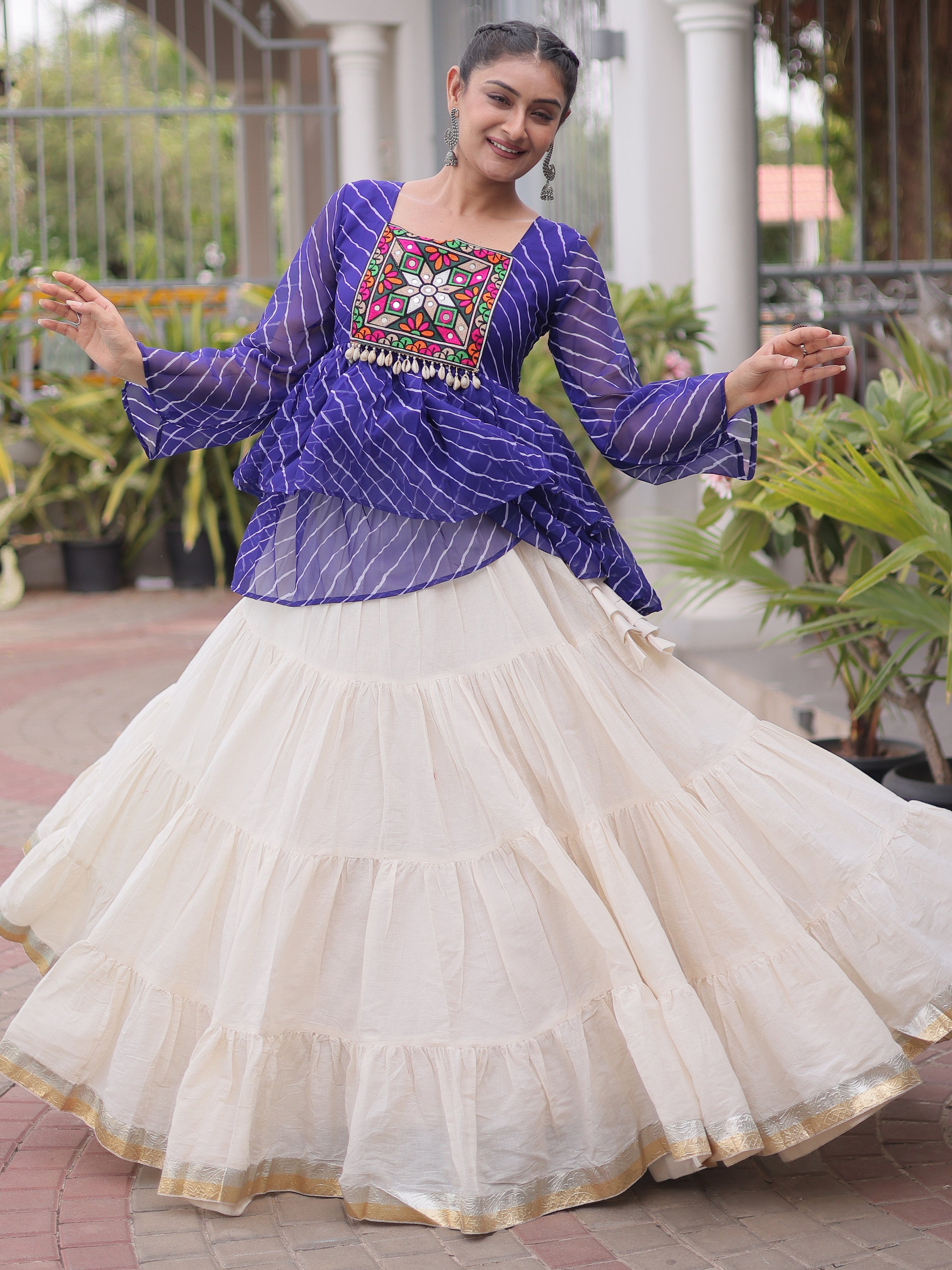 Precious Royal Blue Laheriya Printed Navratri Lehenga With Peplum Top