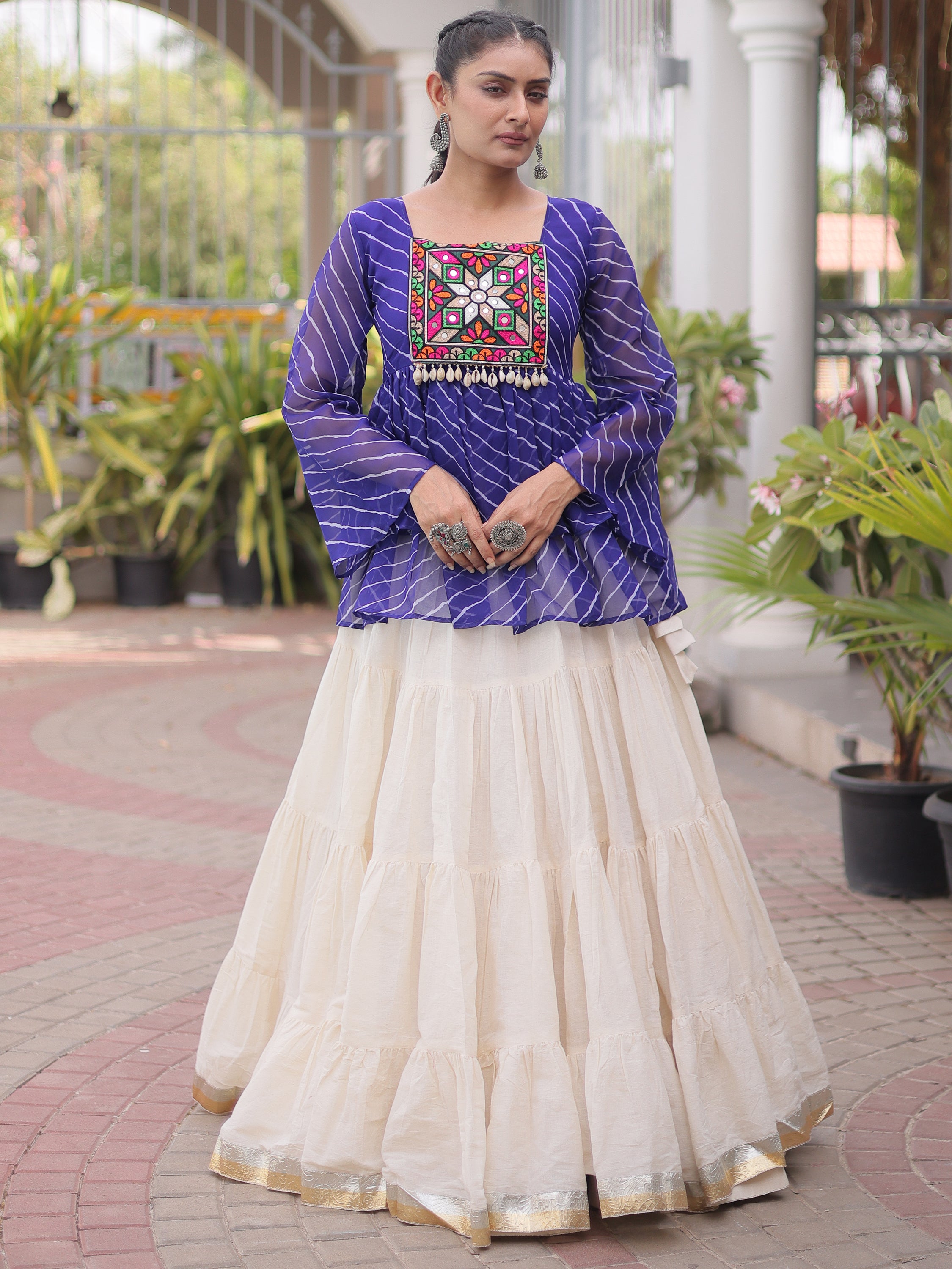 Precious Royal Blue Laheriya Printed Navratri Lehenga With Peplum Top