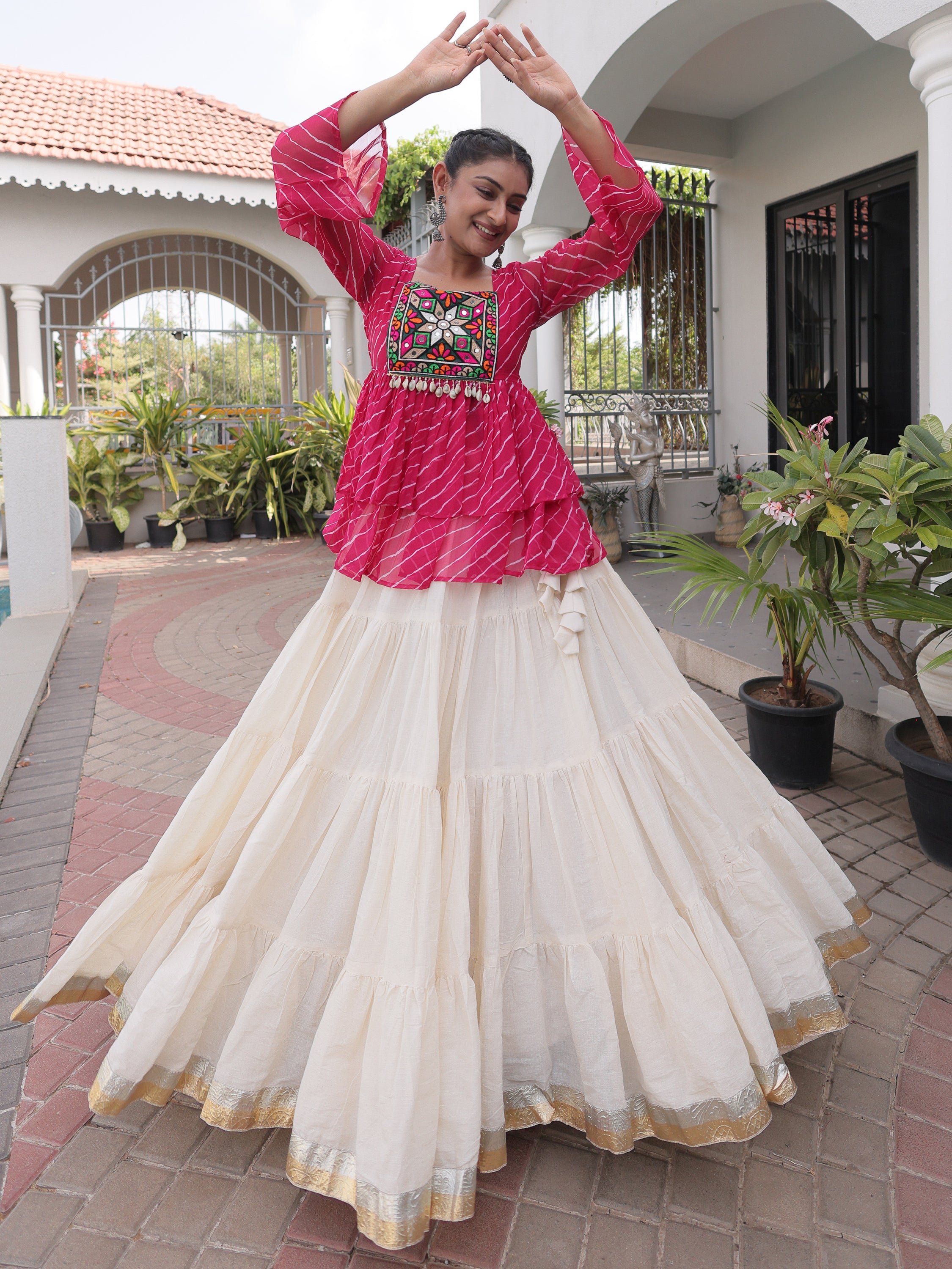Elegant Purple Laheriya Printed Cotton Navratri Lehenga With Peplum Top