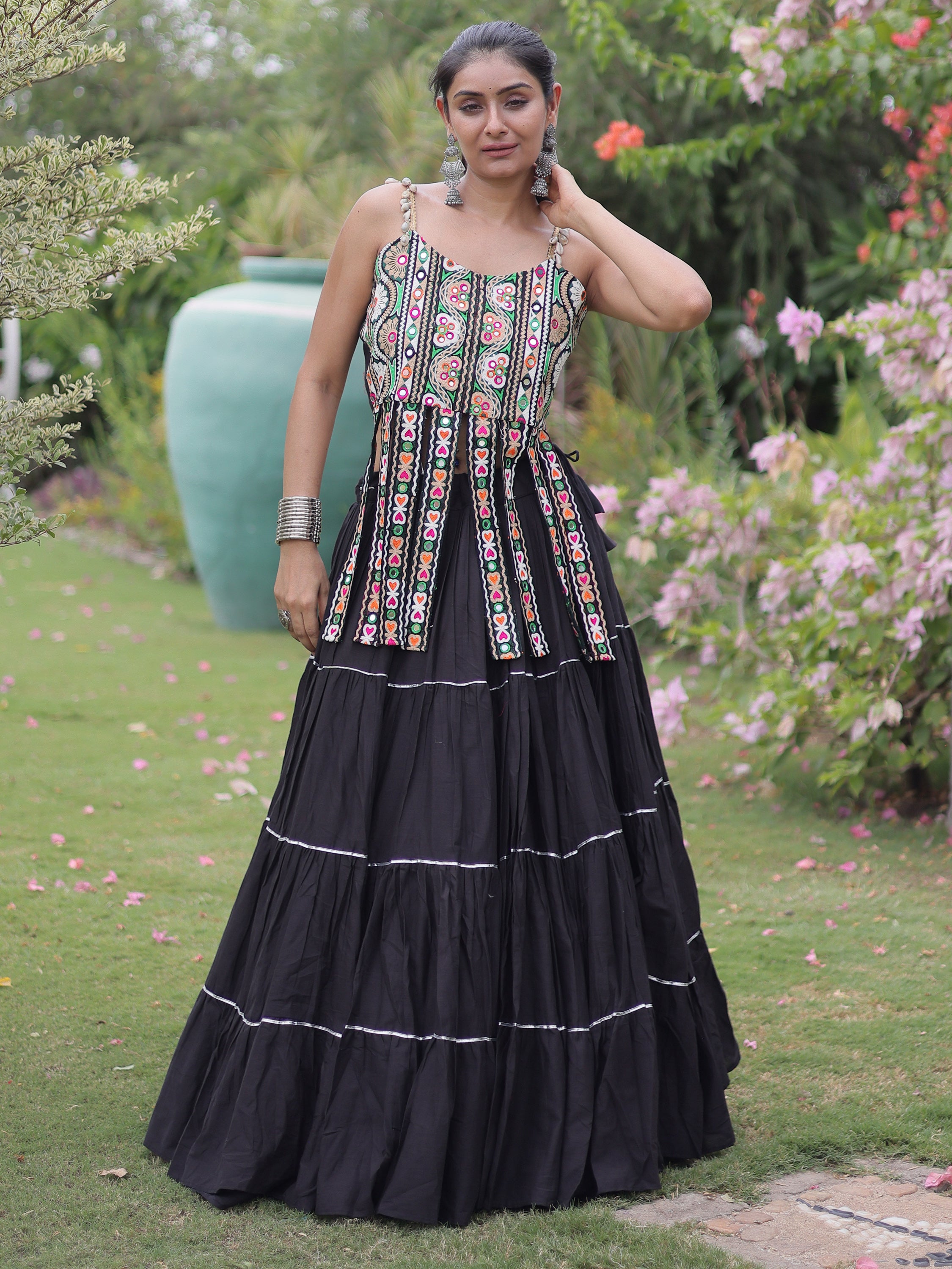 Precious Black Patch Work Cotton Navratri Lehenga With Blouse