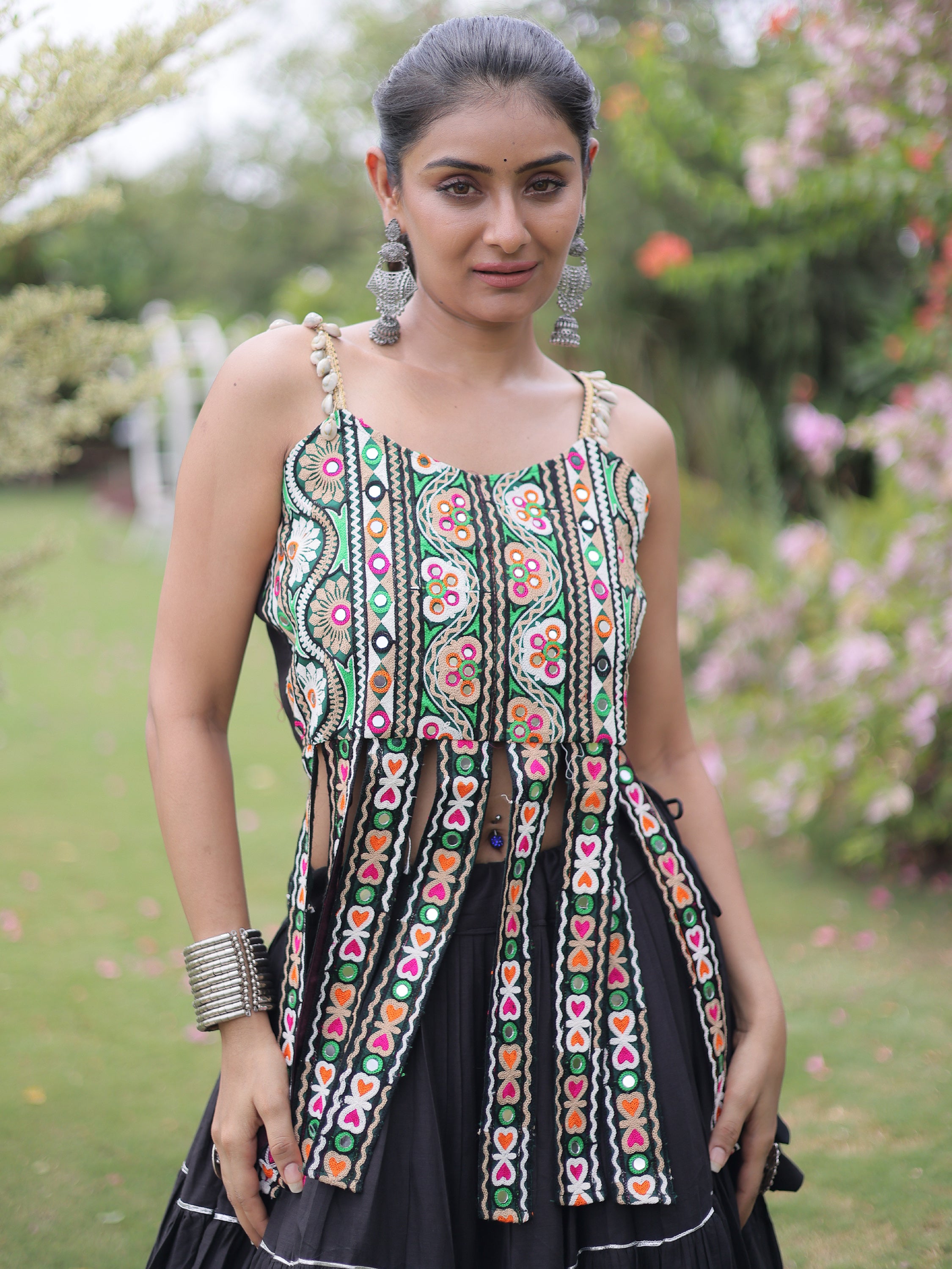 Precious Black Patch Work Cotton Navratri Lehenga With Blouse
