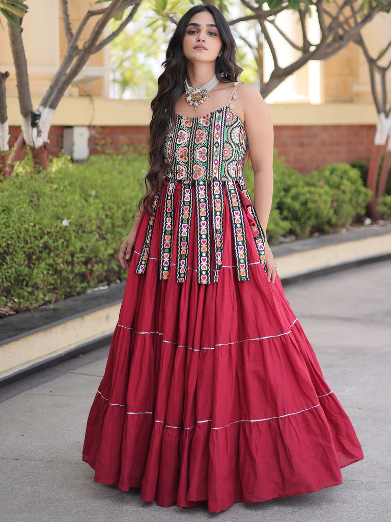 Glowing Maroon Cotton Navratri Wear Lehenga With Patch Work Choli