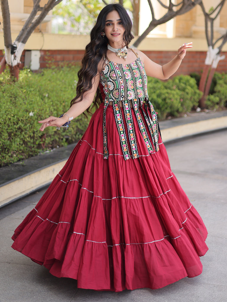 Glowing Maroon Cotton Navratri Wear Lehenga With Patch Work Choli